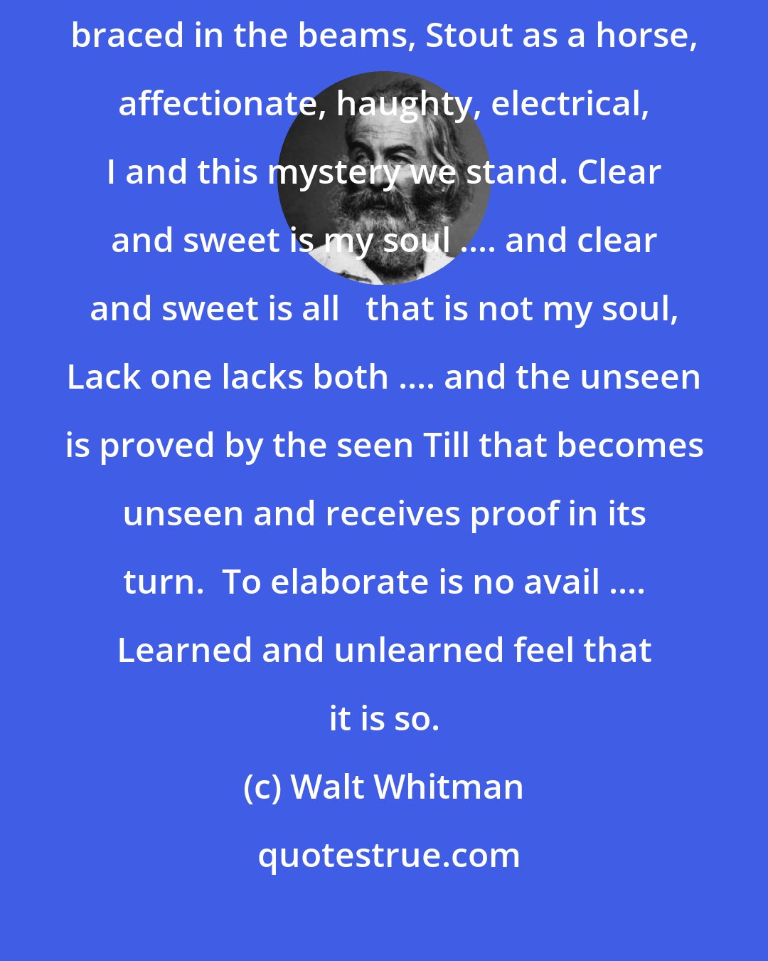 Walt Whitman: Sure as the most certain sure .... plumb in the uprights,   well entreated, braced in the beams, Stout as a horse, affectionate, haughty, electrical, I and this mystery we stand. Clear and sweet is my soul .... and clear and sweet is all   that is not my soul, Lack one lacks both .... and the unseen is proved by the seen Till that becomes unseen and receives proof in its turn.  To elaborate is no avail .... Learned and unlearned feel that it is so.