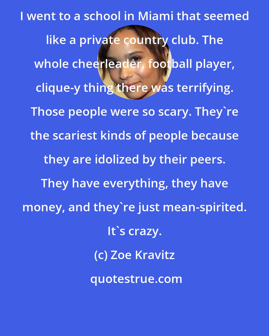 Zoe Kravitz: I went to a school in Miami that seemed like a private country club. The whole cheerleader, football player, clique-y thing there was terrifying. Those people were so scary. They're the scariest kinds of people because they are idolized by their peers. They have everything, they have money, and they're just mean-spirited. It's crazy.