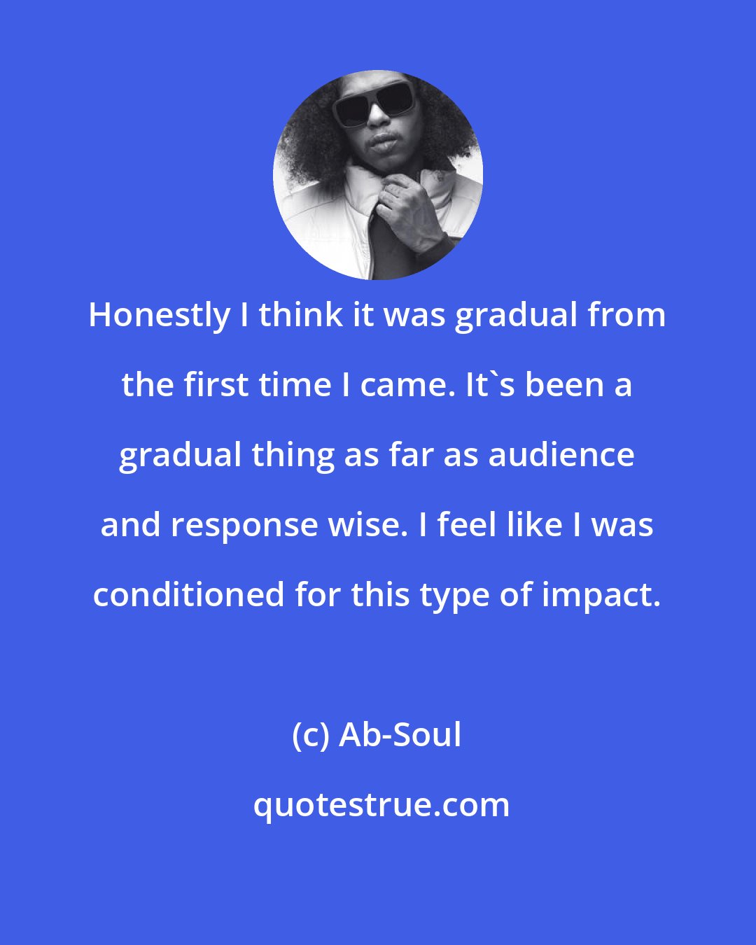 Ab-Soul: Honestly I think it was gradual from the first time I came. It's been a gradual thing as far as audience and response wise. I feel like I was conditioned for this type of impact.