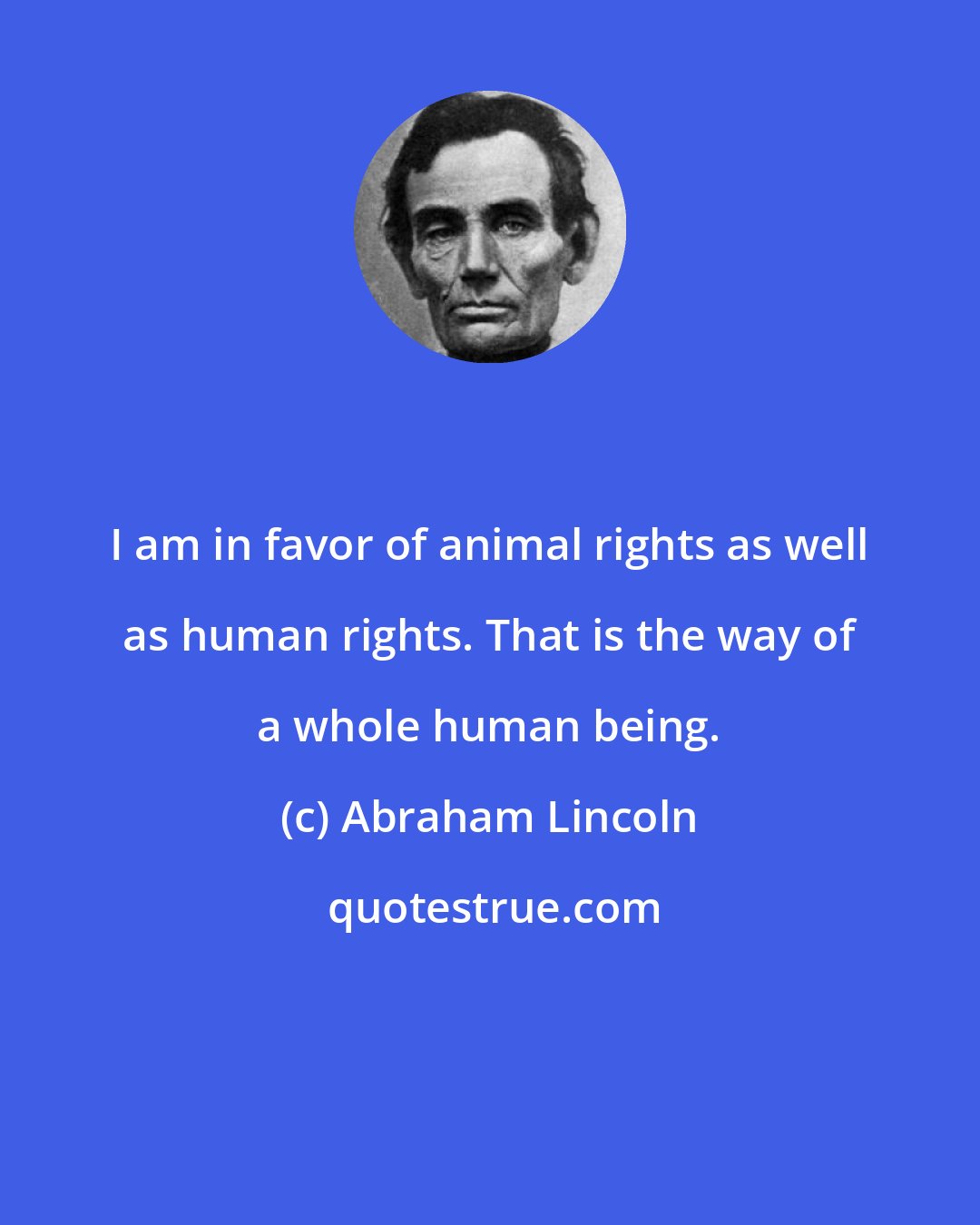 Abraham Lincoln: I am in favor of animal rights as well as human rights. That is the way of a whole human being.