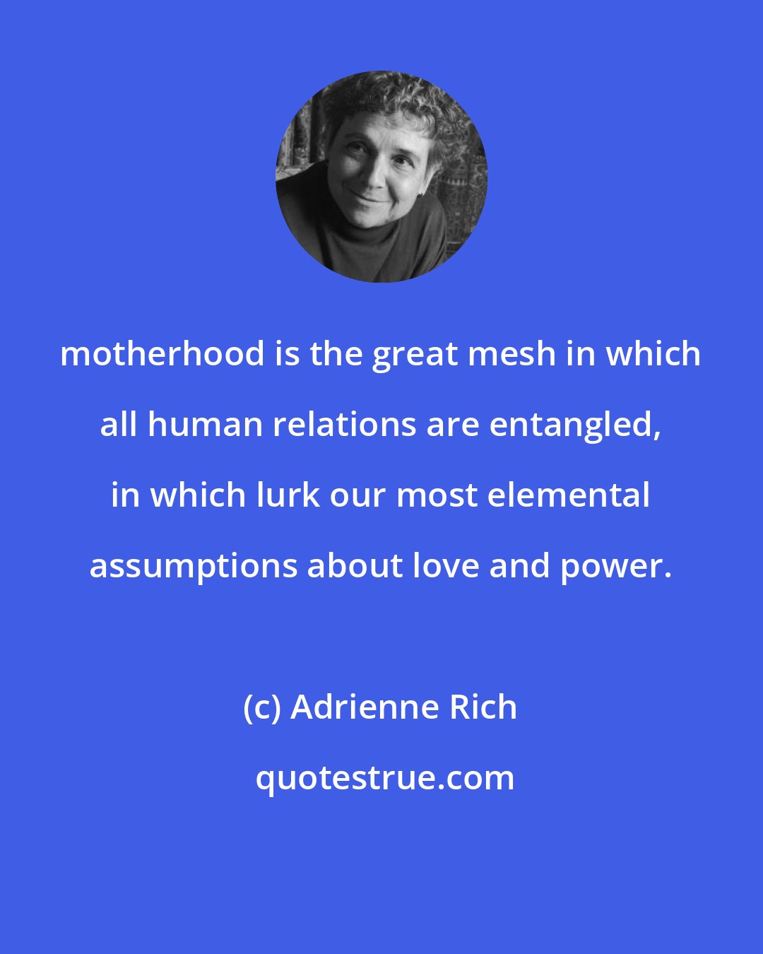 Adrienne Rich: motherhood is the great mesh in which all human relations are entangled, in which lurk our most elemental assumptions about love and power.
