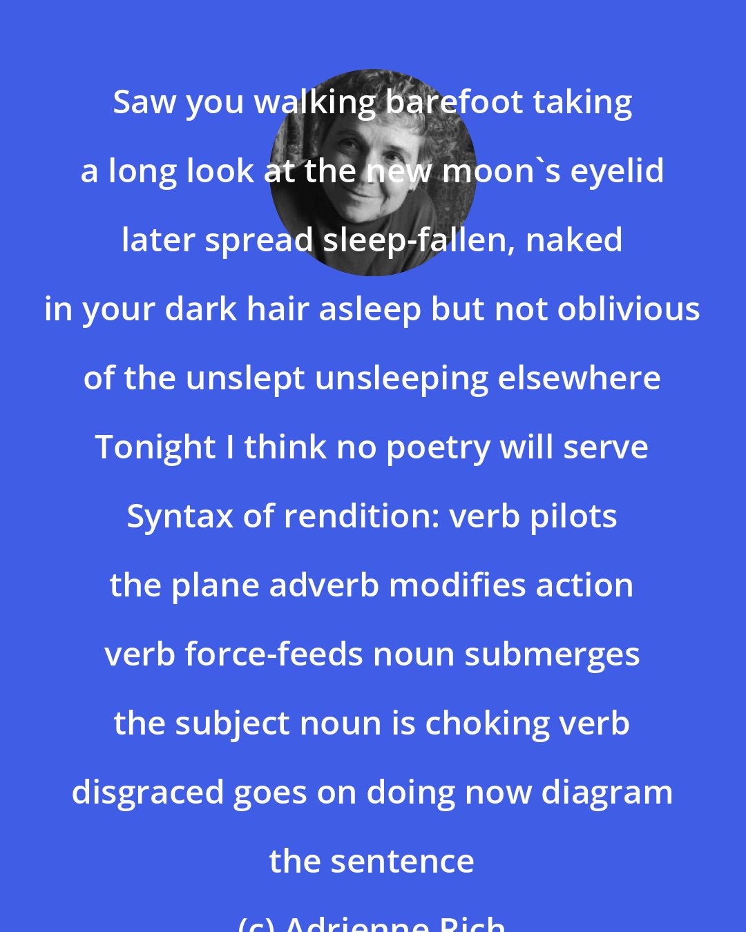 Adrienne Rich: Saw you walking barefoot taking a long look at the new moon's eyelid later spread sleep-fallen, naked in your dark hair asleep but not oblivious of the unslept unsleeping elsewhere Tonight I think no poetry will serve Syntax of rendition: verb pilots the plane adverb modifies action verb force-feeds noun submerges the subject noun is choking verb disgraced goes on doing now diagram the sentence