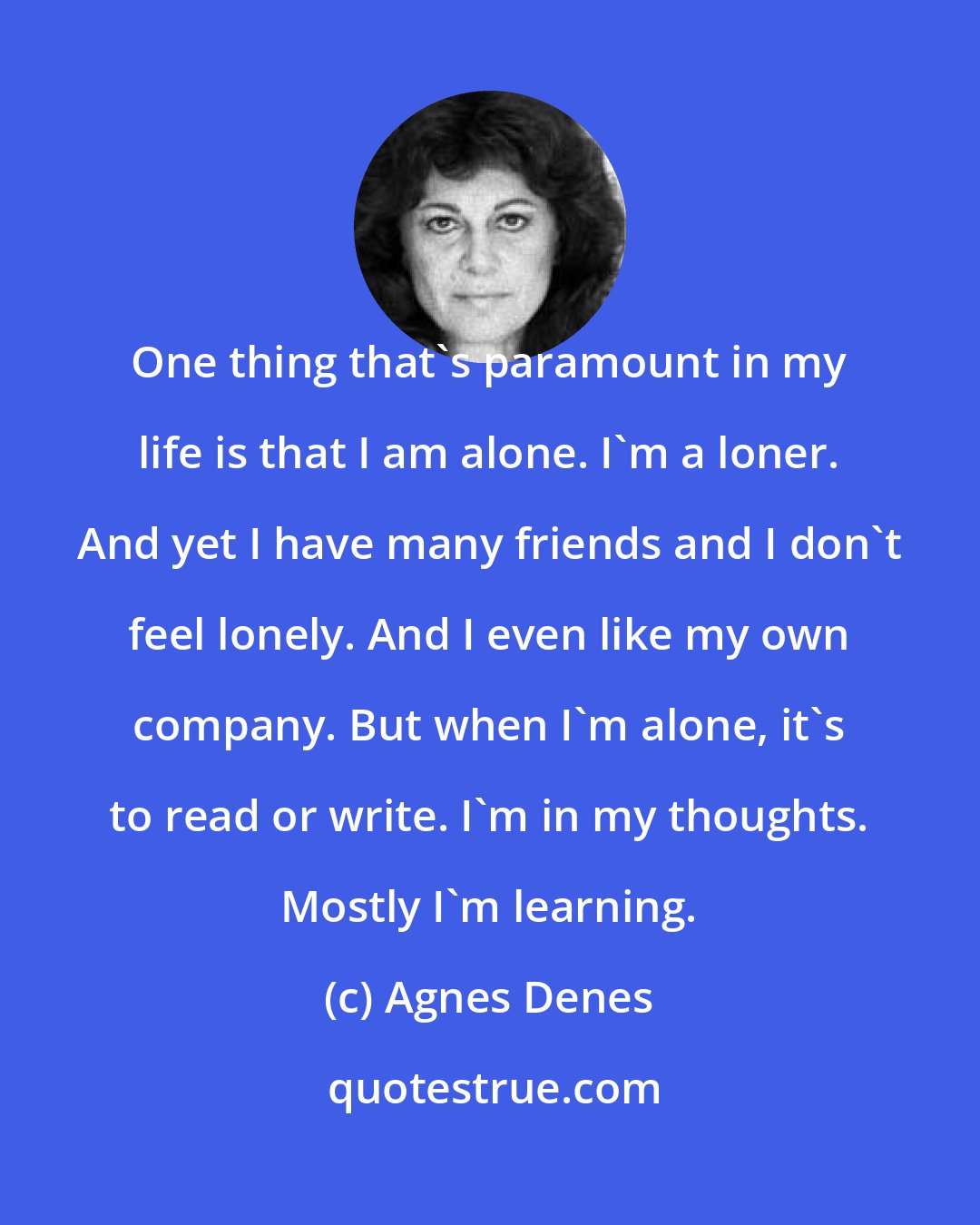 Agnes Denes: One thing that's paramount in my life is that I am alone. I'm a loner. And yet I have many friends and I don't feel lonely. And I even like my own company. But when I'm alone, it's to read or write. I'm in my thoughts. Mostly I'm learning.