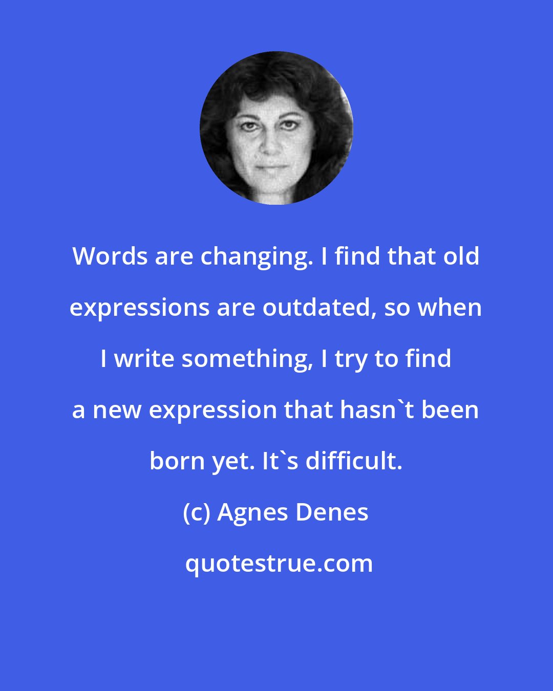 Agnes Denes: Words are changing. I find that old expressions are outdated, so when I write something, I try to find a new expression that hasn't been born yet. It's difficult.