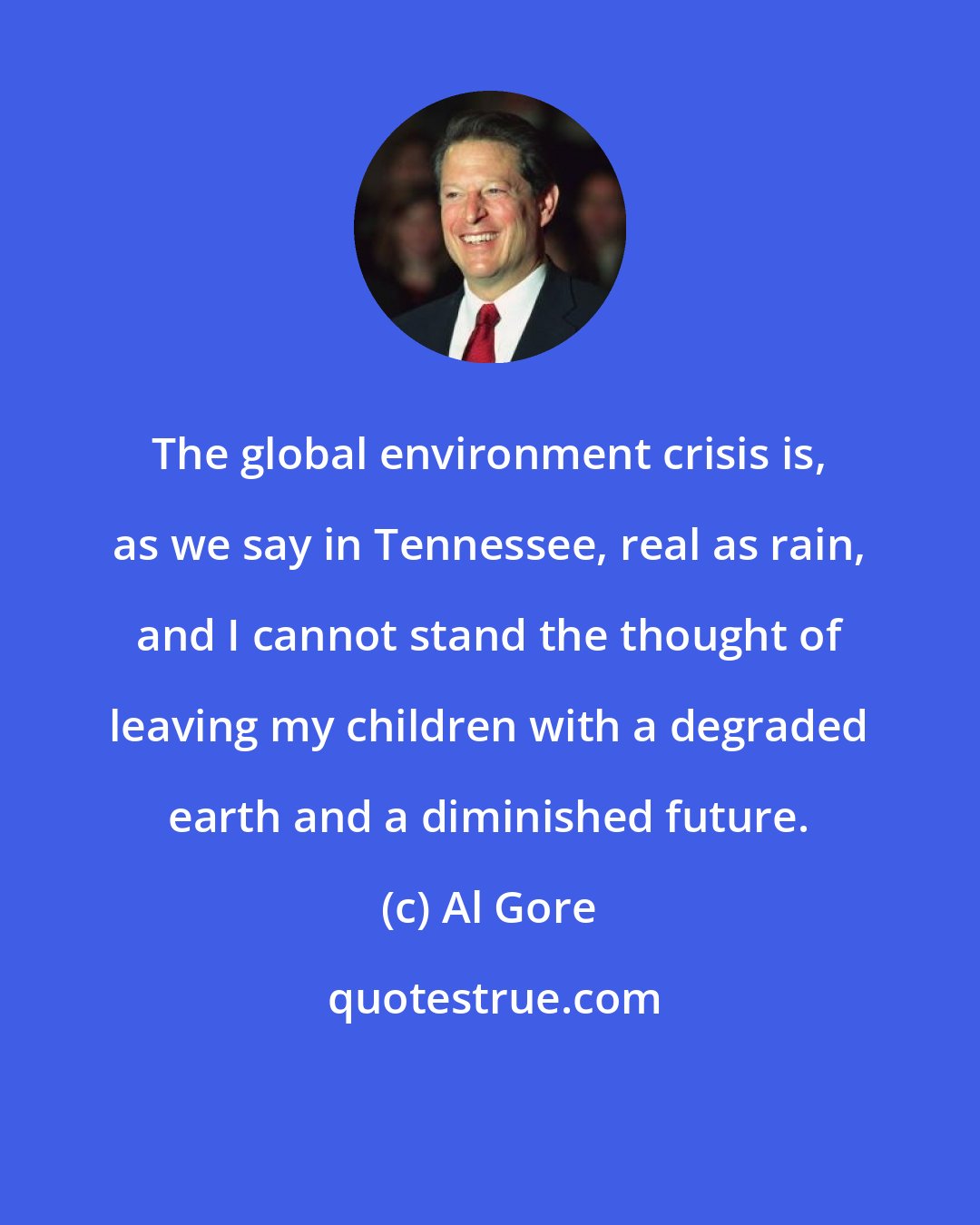 Al Gore: The global environment crisis is, as we say in Tennessee, real as rain, and I cannot stand the thought of leaving my children with a degraded earth and a diminished future.