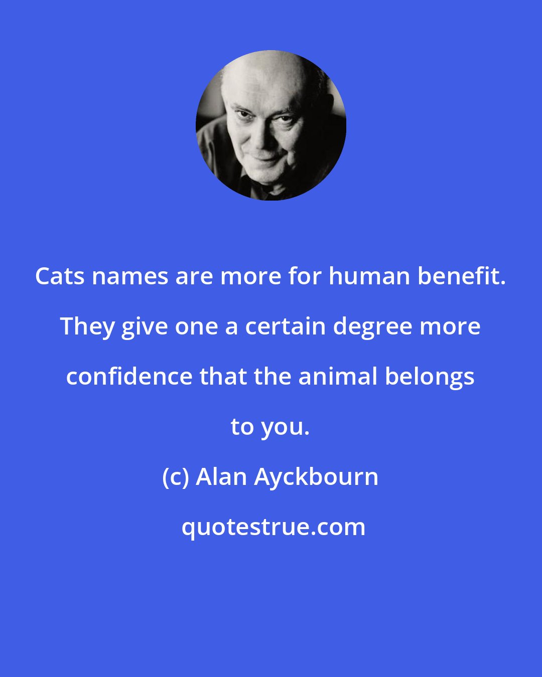 Alan Ayckbourn: Cats names are more for human benefit. They give one a certain degree more confidence that the animal belongs to you.