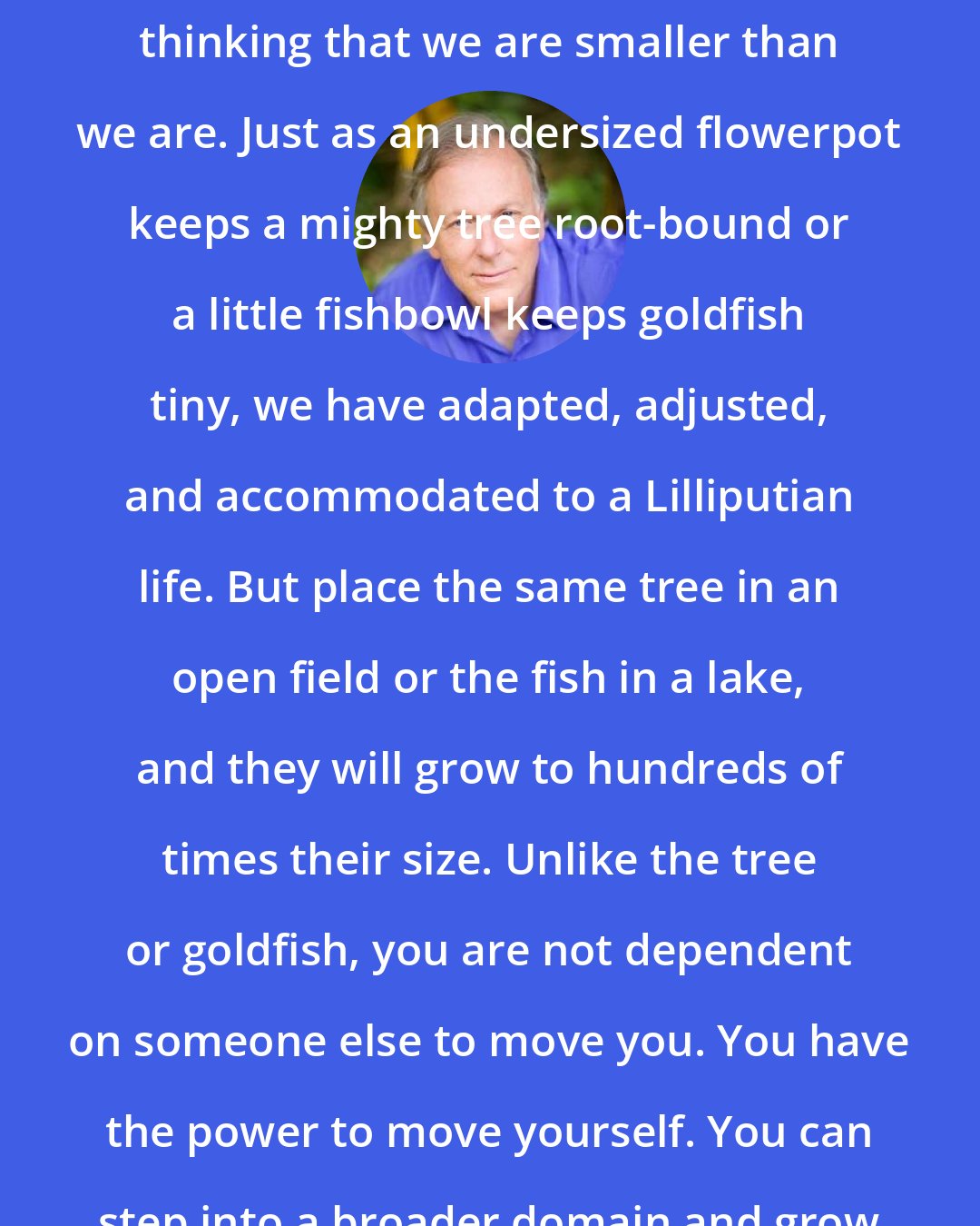 Alan Cohen: We have all been hypnotized into thinking that we are smaller than we are. Just as an undersized flowerpot keeps a mighty tree root-bound or a little fishbowl keeps goldfish tiny, we have adapted, adjusted, and accommodated to a Lilliputian life. But place the same tree in an open field or the fish in a lake, and they will grow to hundreds of times their size. Unlike the tree or goldfish, you are not dependent on someone else to move you. You have the power to move yourself. You can step into a broader domain and grow to your full potential.