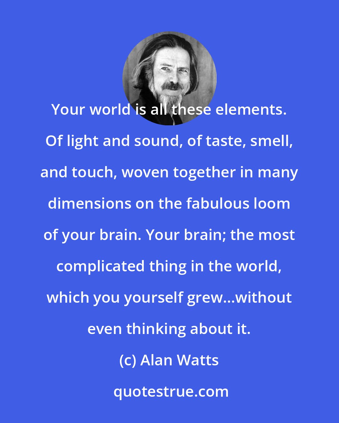 Alan Watts: Your world is all these elements. Of light and sound, of taste, smell, and touch, woven together in many dimensions on the fabulous loom of your brain. Your brain; the most complicated thing in the world, which you yourself grew...without even thinking about it.