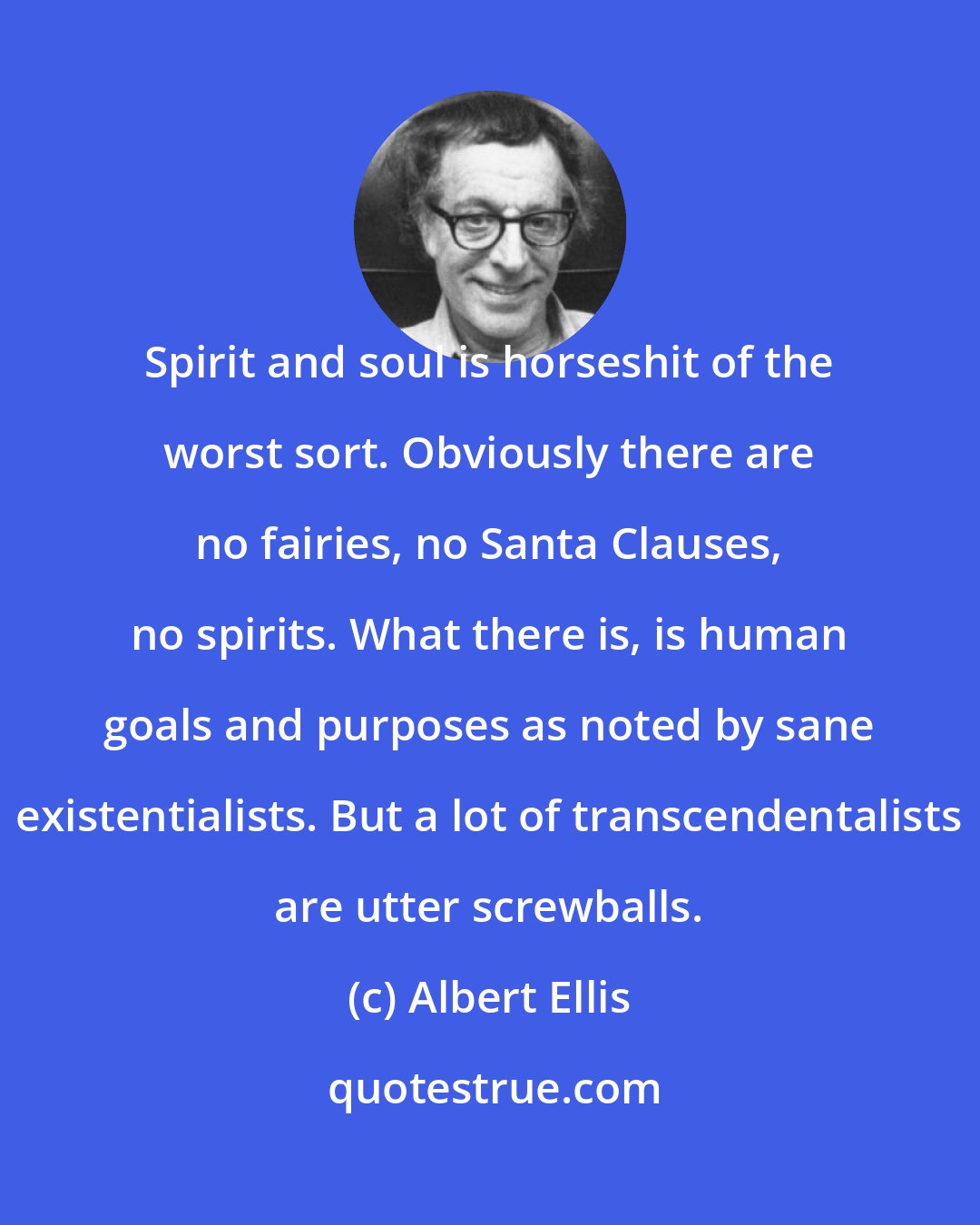 Albert Ellis: Spirit and soul is horseshit of the worst sort. Obviously there are no fairies, no Santa Clauses, no spirits. What there is, is human goals and purposes as noted by sane existentialists. But a lot of transcendentalists are utter screwballs.