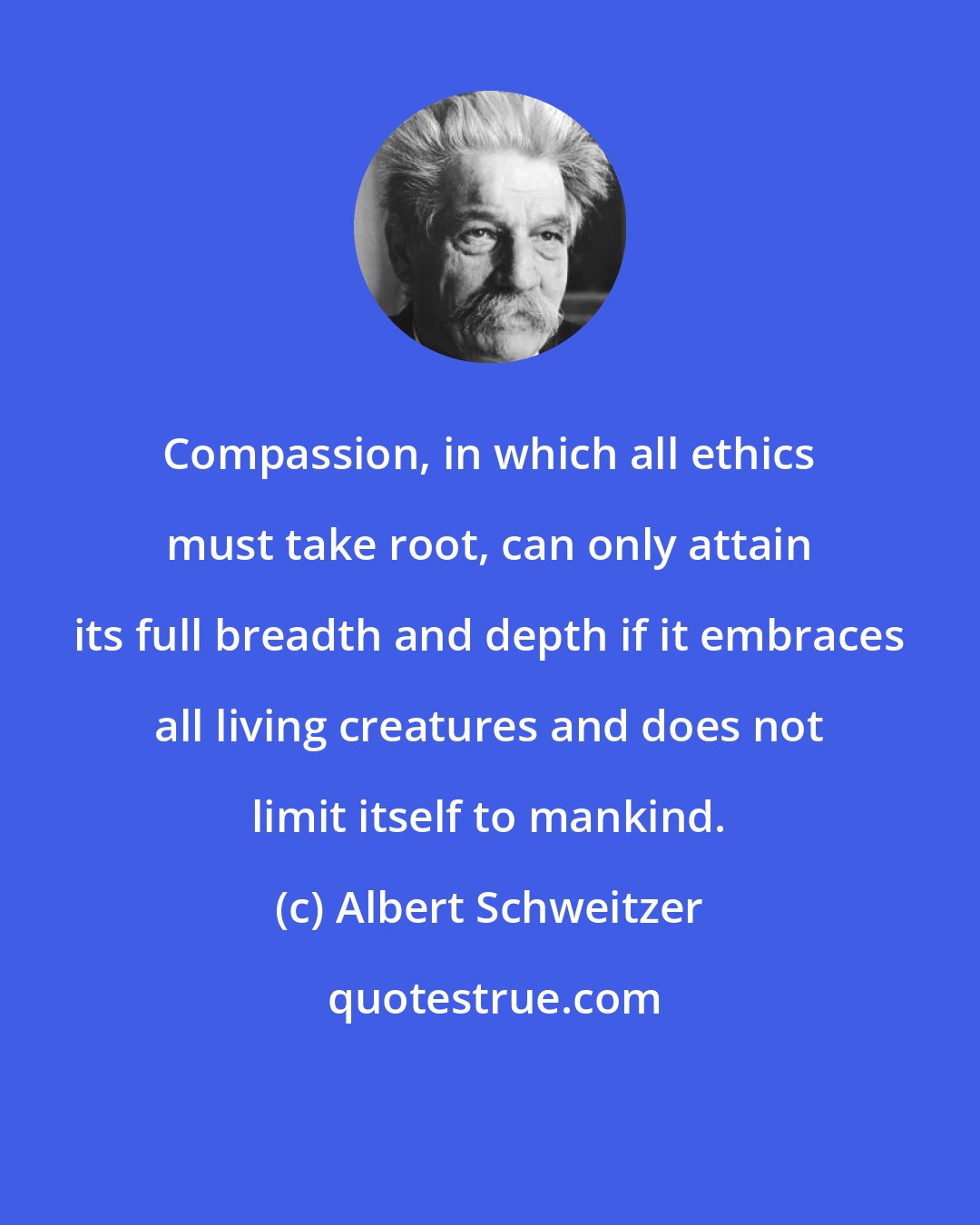 Albert Schweitzer: Compassion, in which all ethics must take root, can only attain its full breadth and depth if it embraces all living creatures and does not limit itself to mankind.