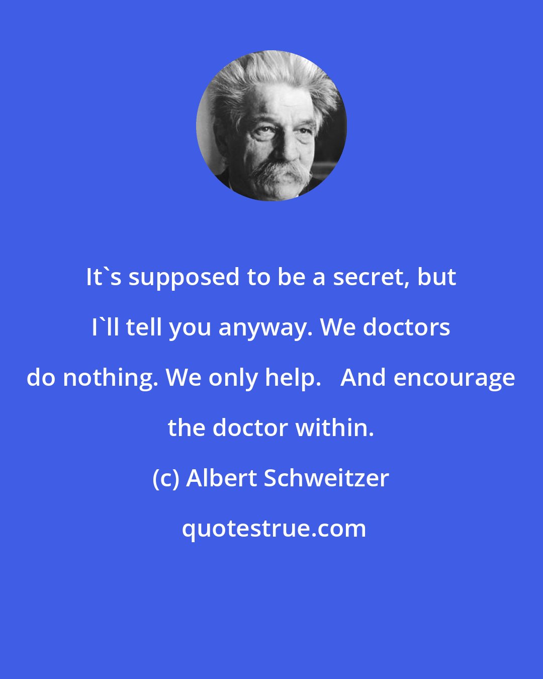 Albert Schweitzer: It's supposed to be a secret, but I'll tell you anyway. We doctors do nothing. We only help.   And encourage the doctor within.