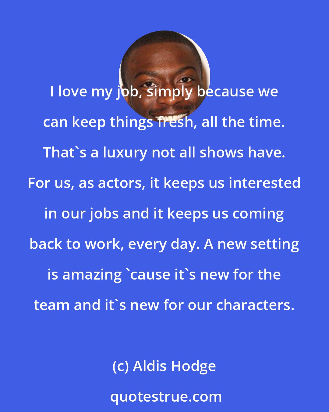 Aldis Hodge: I love my job, simply because we can keep things fresh, all the time. That's a luxury not all shows have. For us, as actors, it keeps us interested in our jobs and it keeps us coming back to work, every day. A new setting is amazing 'cause it's new for the team and it's new for our characters.