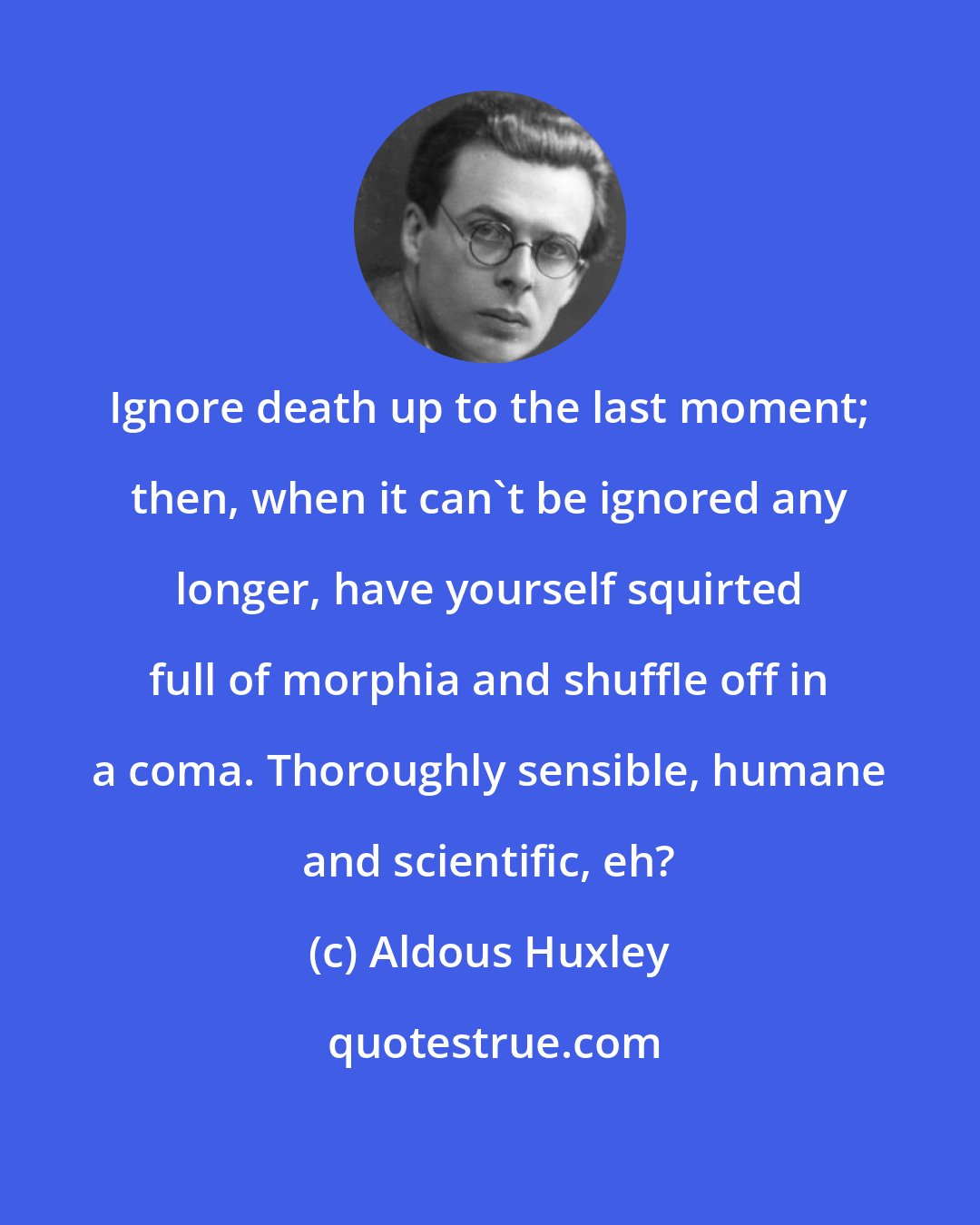 Aldous Huxley: Ignore death up to the last moment; then, when it can't be ignored any longer, have yourself squirted full of morphia and shuffle off in a coma. Thoroughly sensible, humane and scientific, eh?