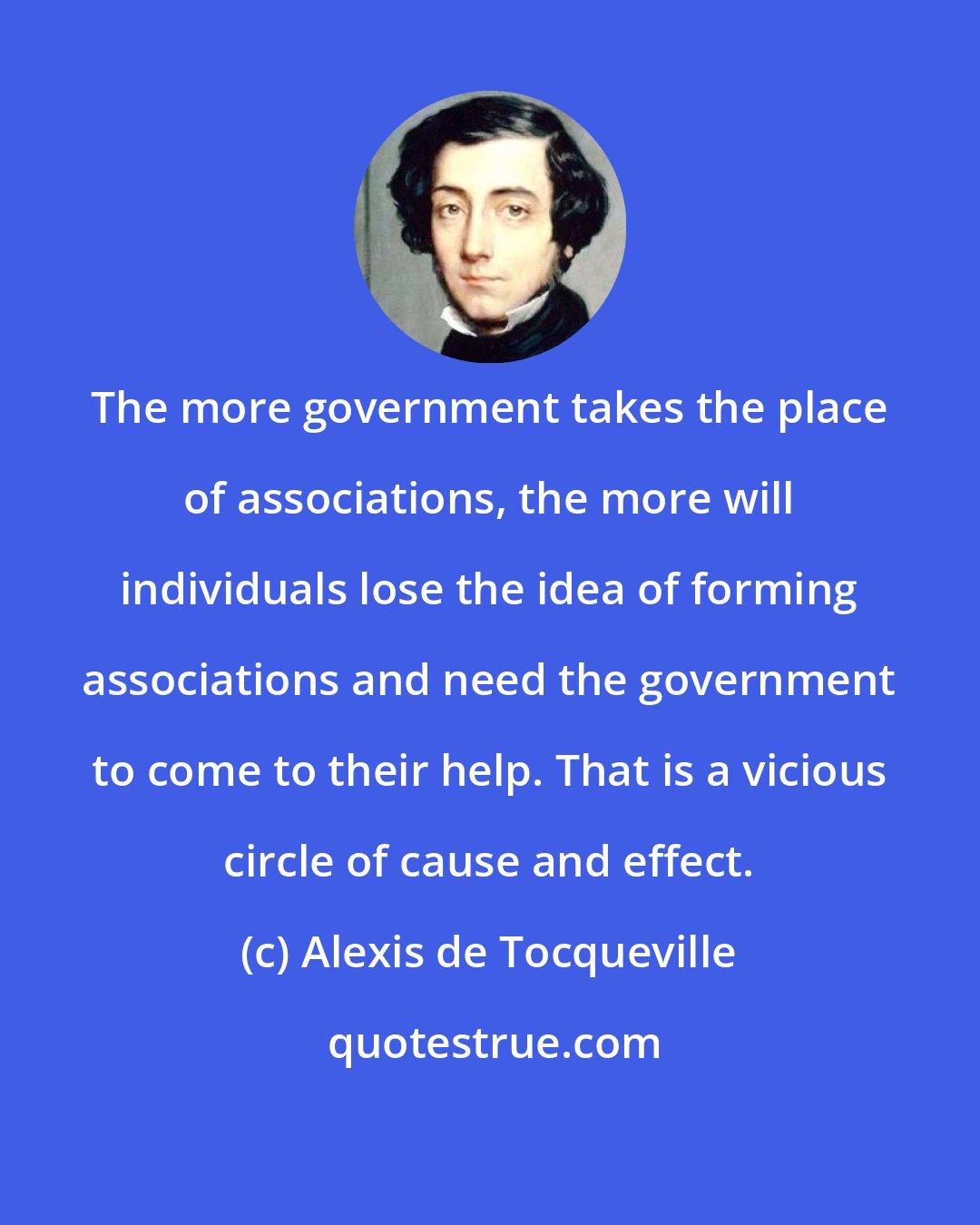 Alexis de Tocqueville: The more government takes the place of associations, the more will individuals lose the idea of forming associations and need the government to come to their help. That is a vicious circle of cause and effect.