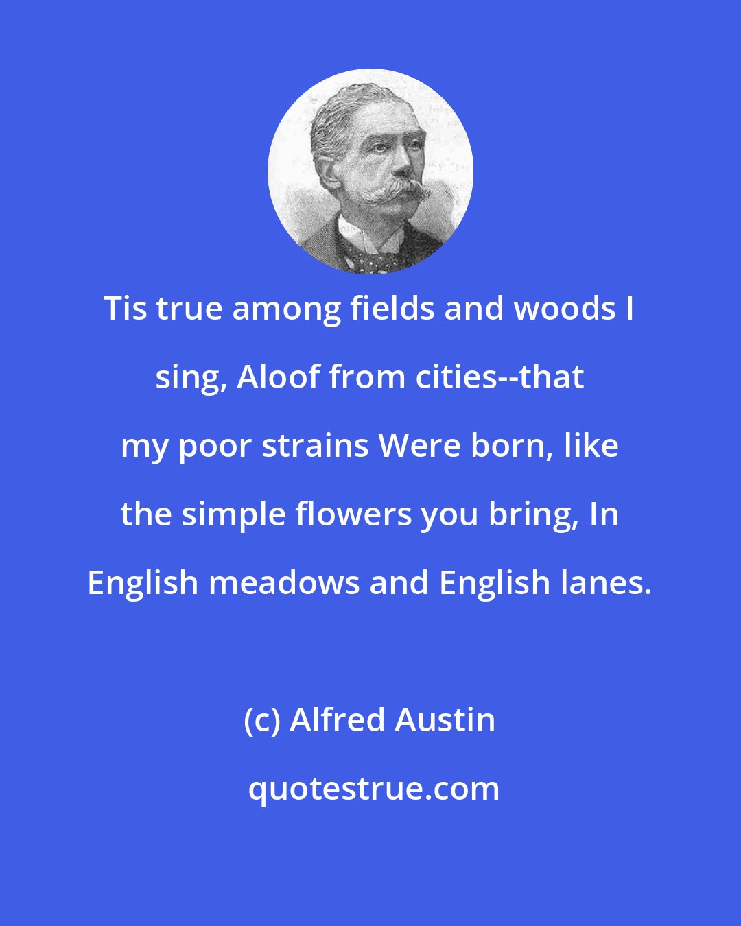 Alfred Austin: Tis true among fields and woods I sing, Aloof from cities--that my poor strains Were born, like the simple flowers you bring, In English meadows and English lanes.