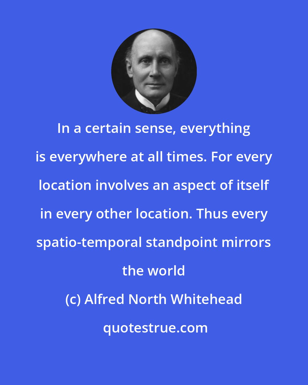 Alfred North Whitehead: In a certain sense, everything is everywhere at all times. For every location involves an aspect of itself in every other location. Thus every spatio-temporal standpoint mirrors the world