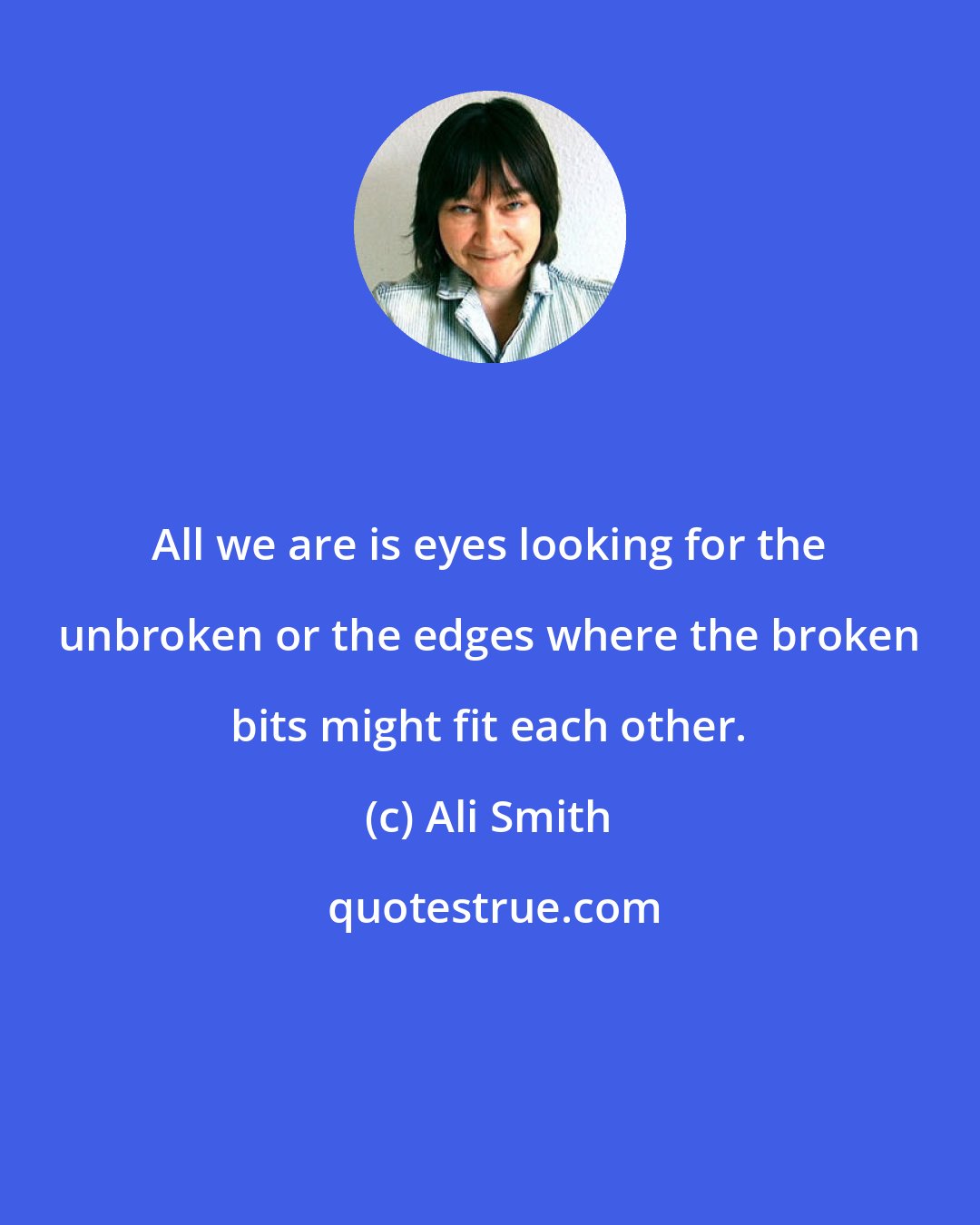 Ali Smith: All we are is eyes looking for the unbroken or the edges where the broken bits might fit each other.