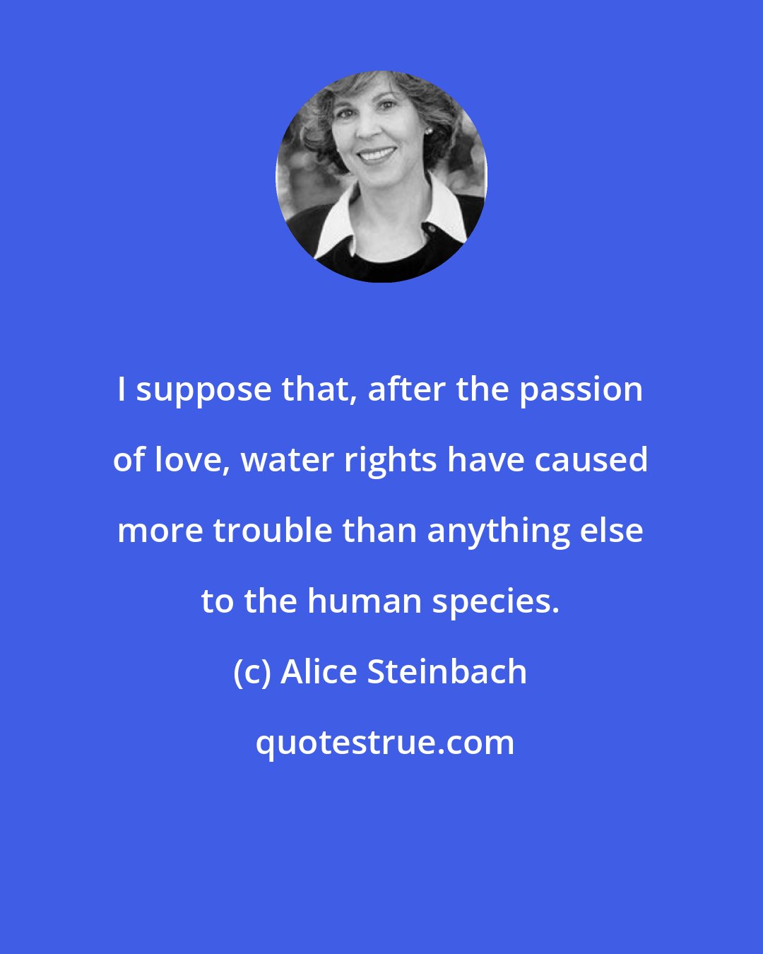 Alice Steinbach: I suppose that, after the passion of love, water rights have caused more trouble than anything else to the human species.