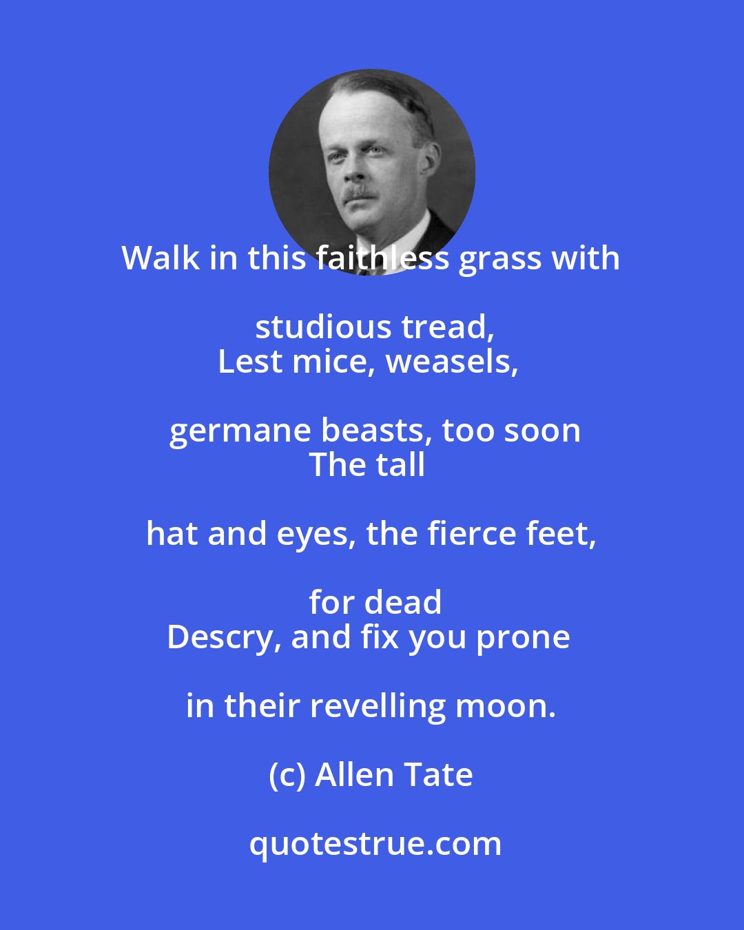 Allen Tate: Walk in this faithless grass with studious tread,
Lest mice, weasels, germane beasts, too soon
The tall hat and eyes, the fierce feet, for dead
Descry, and fix you prone in their revelling moon.