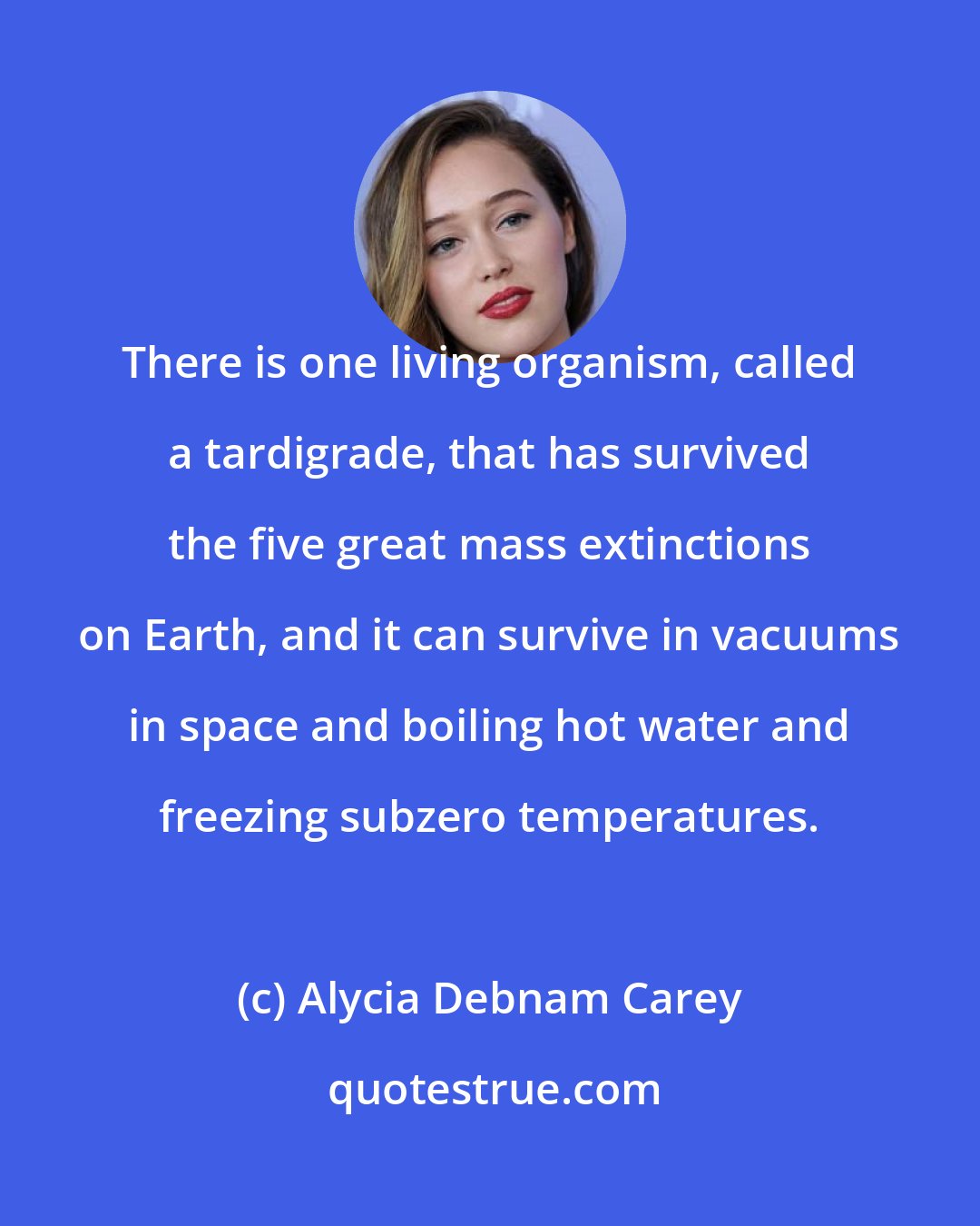 Alycia Debnam Carey: There is one living organism, called a tardigrade, that has survived the five great mass extinctions on Earth, and it can survive in vacuums in space and boiling hot water and freezing subzero temperatures.