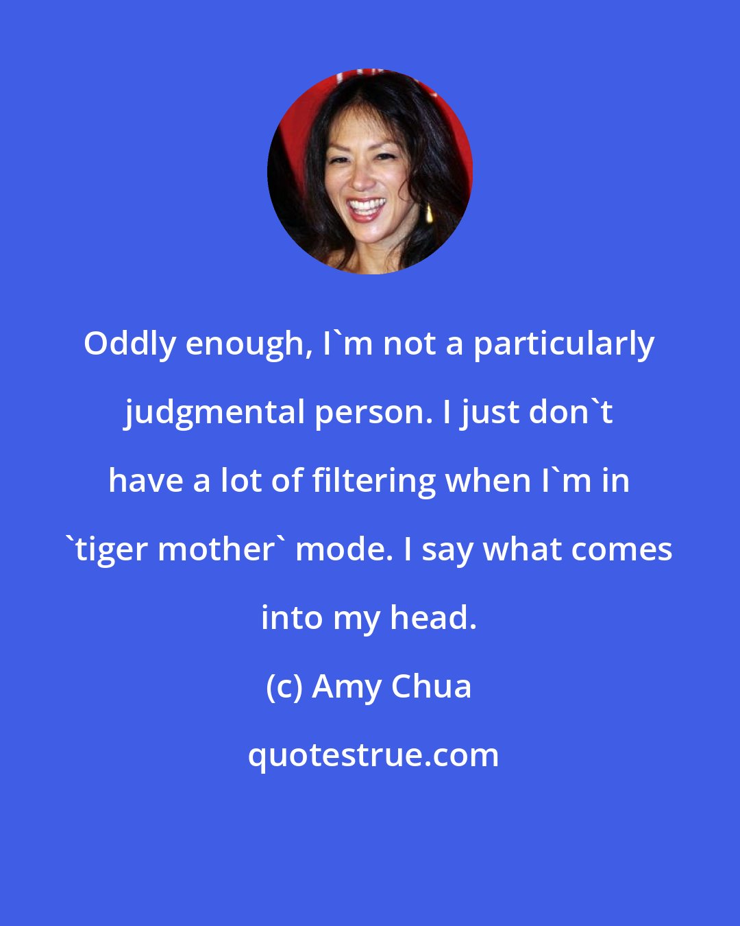 Amy Chua: Oddly enough, I'm not a particularly judgmental person. I just don't have a lot of filtering when I'm in 'tiger mother' mode. I say what comes into my head.