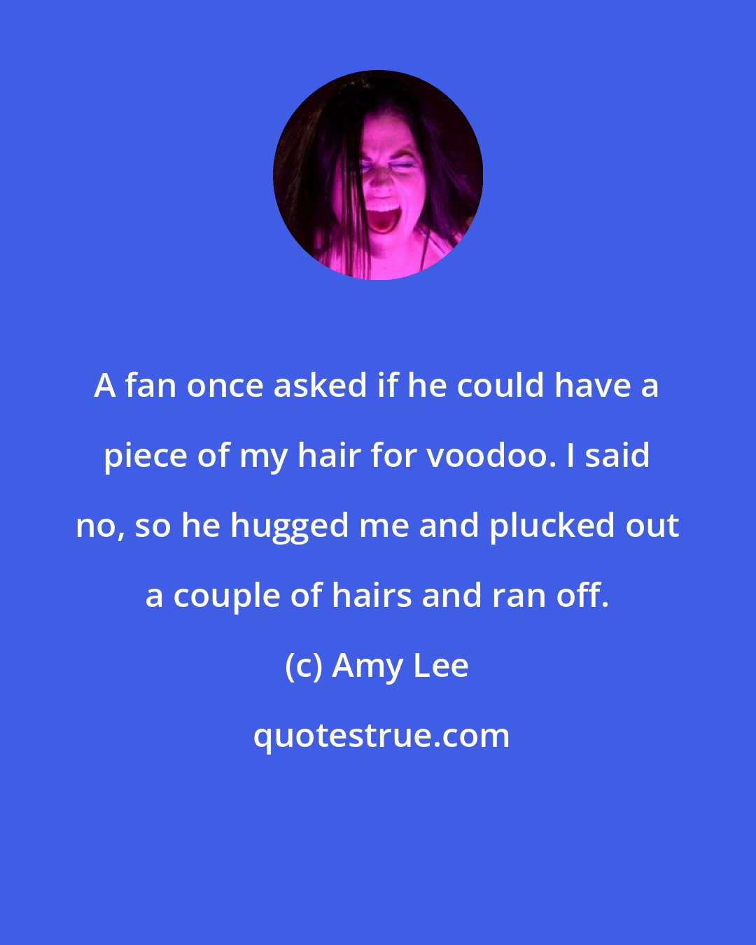 Amy Lee: A fan once asked if he could have a piece of my hair for voodoo. I said no, so he hugged me and plucked out a couple of hairs and ran off.