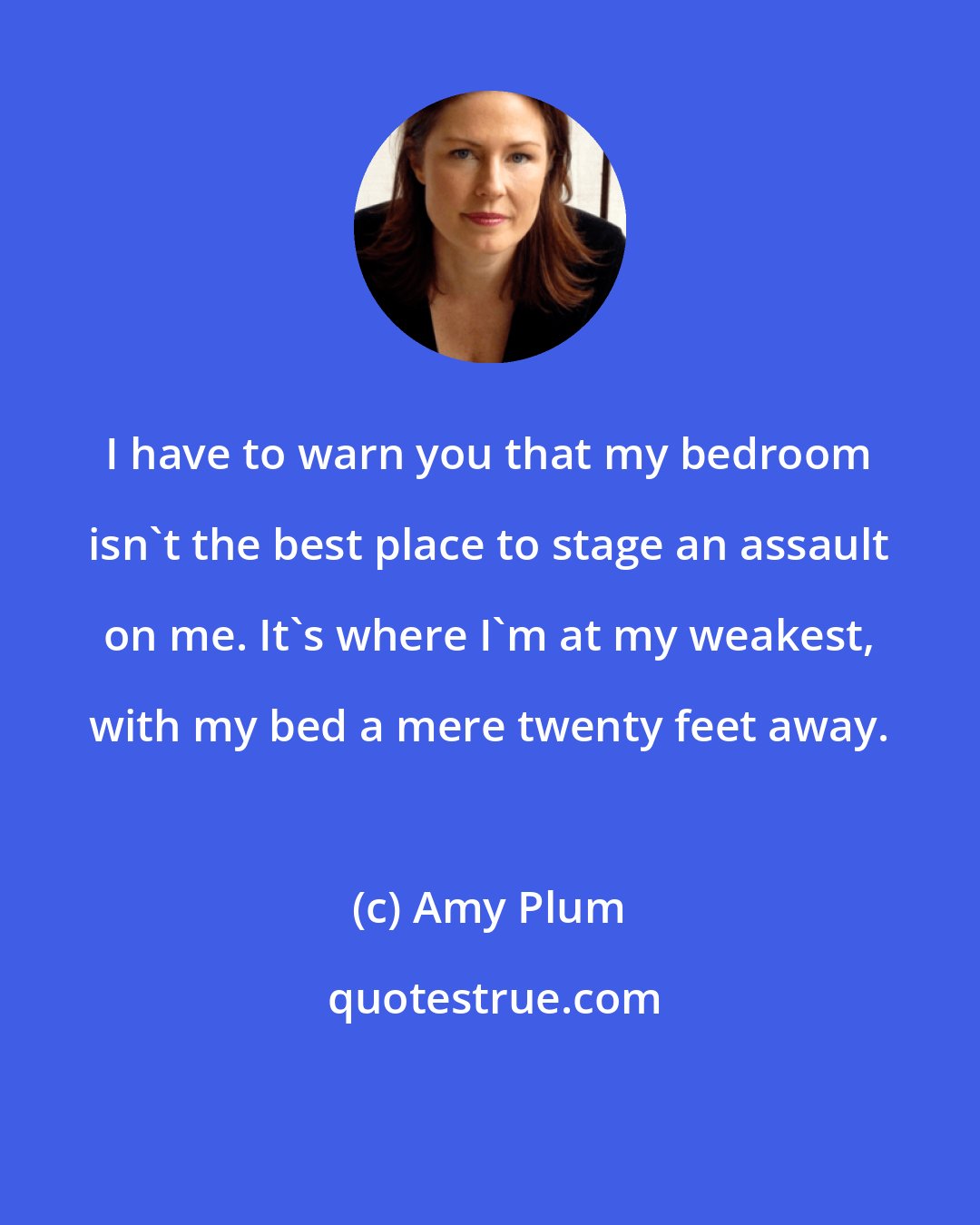 Amy Plum: I have to warn you that my bedroom isn't the best place to stage an assault on me. It's where I'm at my weakest, with my bed a mere twenty feet away.