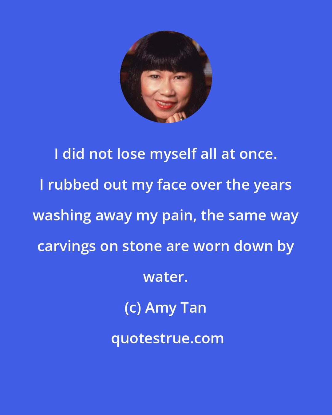 Amy Tan: I did not lose myself all at once. I rubbed out my face over the years washing away my pain, the same way carvings on stone are worn down by water.