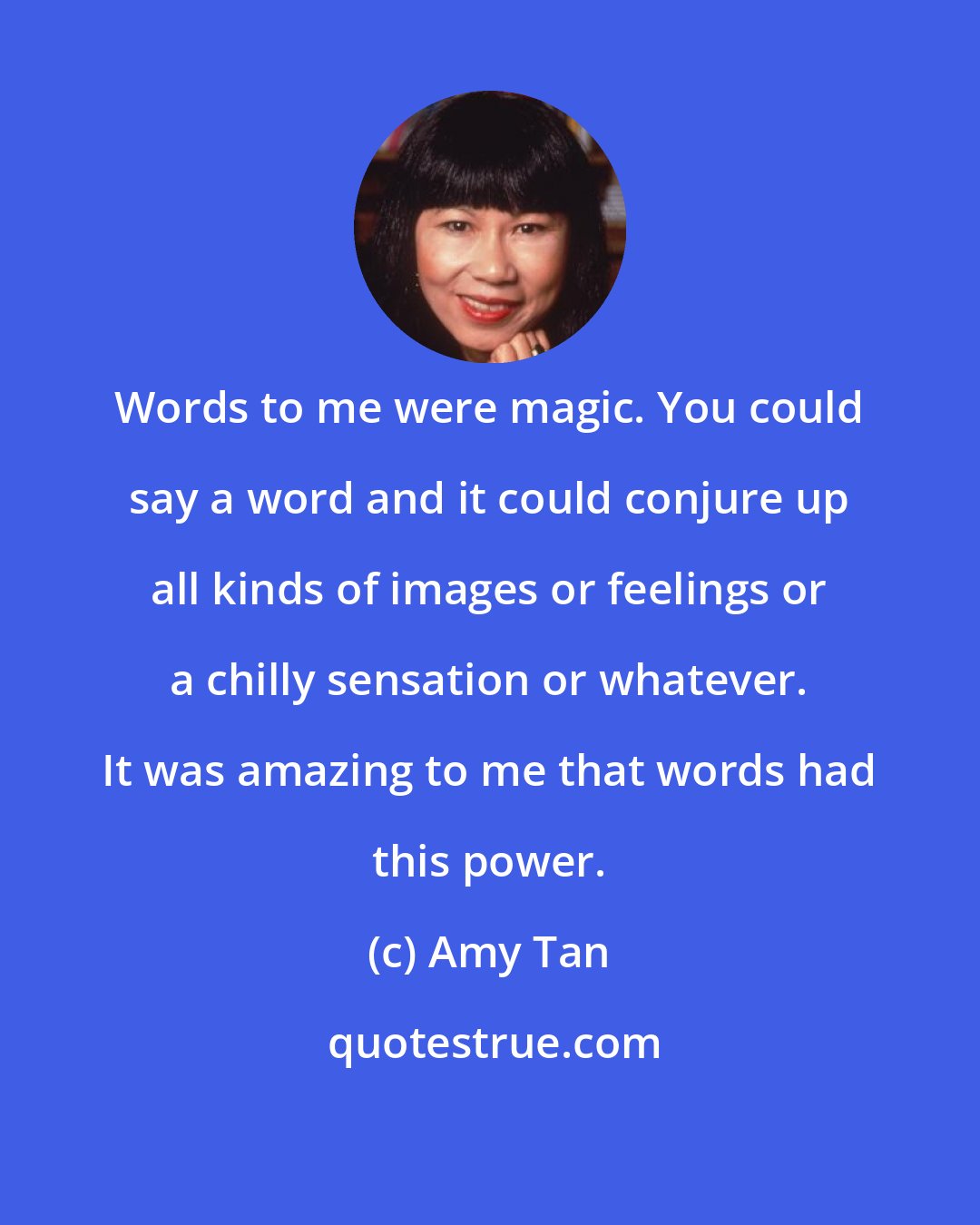 Amy Tan: Words to me were magic. You could say a word and it could conjure up all kinds of images or feelings or a chilly sensation or whatever. It was amazing to me that words had this power.