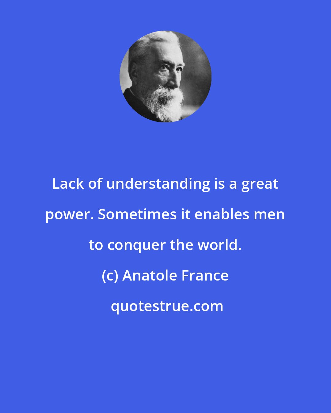 Anatole France: Lack of understanding is a great power. Sometimes it enables men to conquer the world.