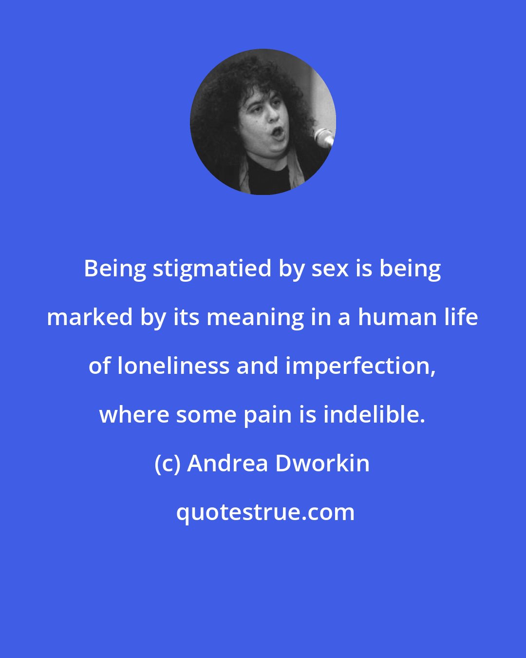 Andrea Dworkin: Being stigmatied by sex is being marked by its meaning in a human life of loneliness and imperfection, where some pain is indelible.