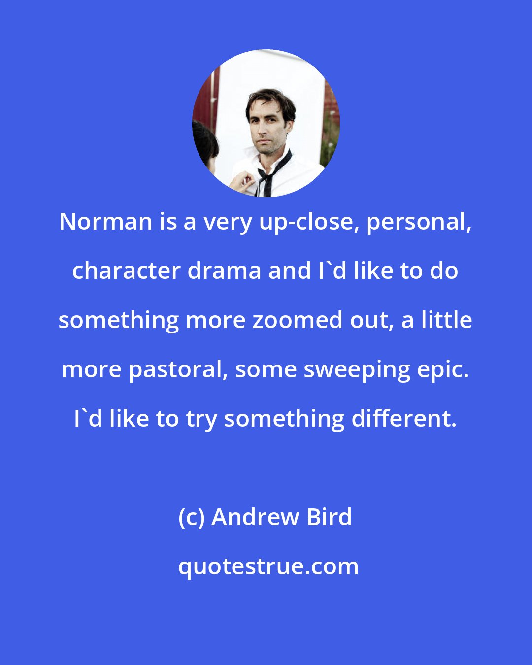 Andrew Bird: Norman is a very up-close, personal, character drama and I'd like to do something more zoomed out, a little more pastoral, some sweeping epic. I'd like to try something different.