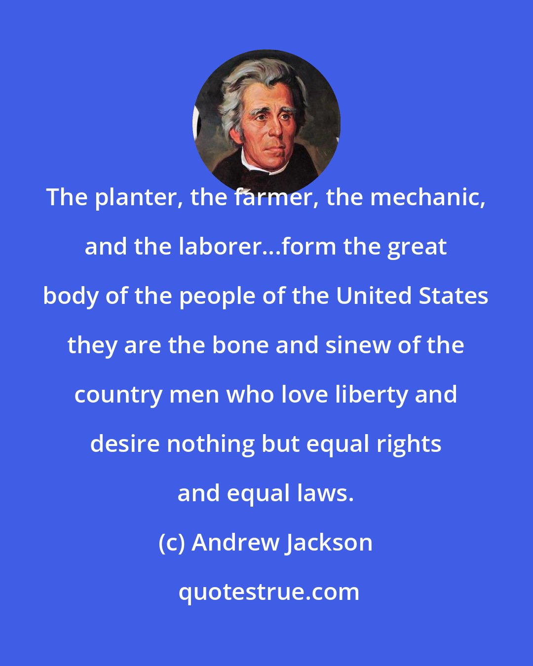 Andrew Jackson: The planter, the farmer, the mechanic, and the laborer...form the great body of the people of the United States they are the bone and sinew of the country men who love liberty and desire nothing but equal rights and equal laws.