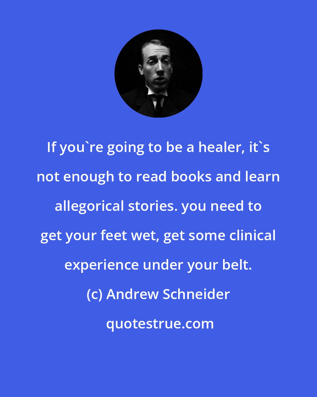 Andrew Schneider: If you're going to be a healer, it's not enough to read books and learn allegorical stories. you need to get your feet wet, get some clinical experience under your belt.