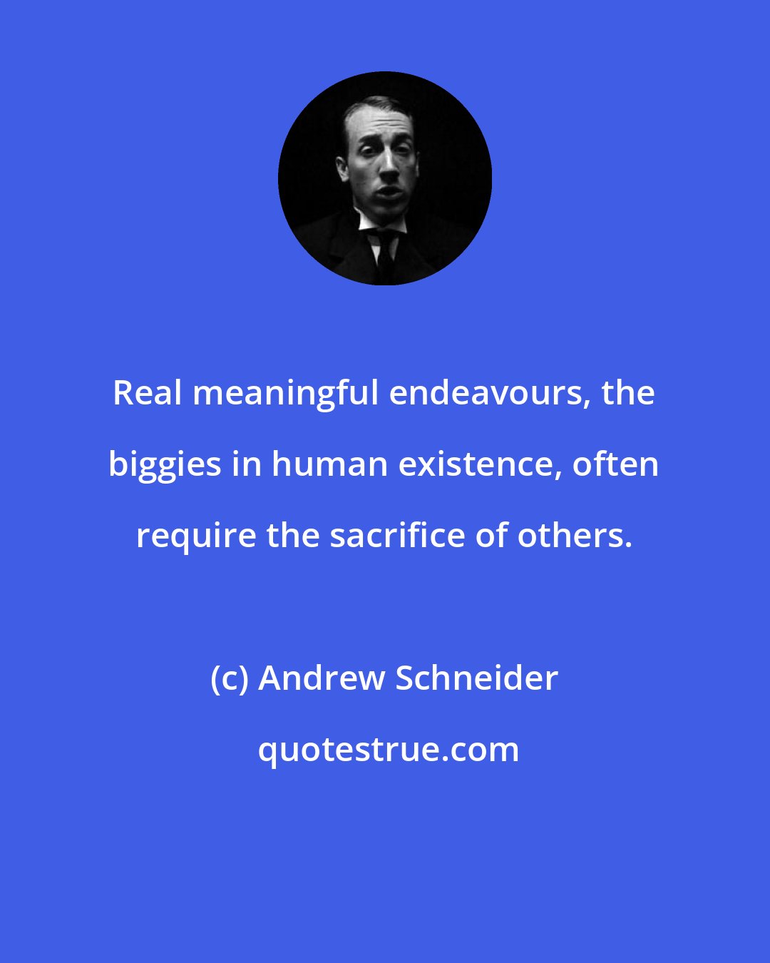 Andrew Schneider: Real meaningful endeavours, the biggies in human existence, often require the sacrifice of others.