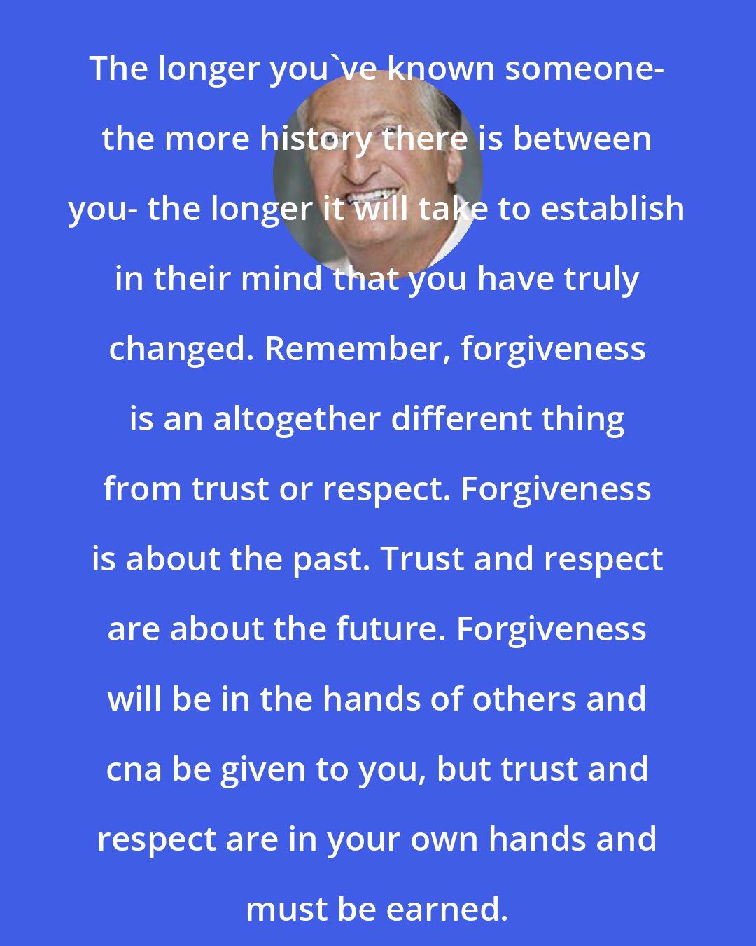 Andy Andrews: The longer you've known someone- the more history there is between you- the longer it will take to establish in their mind that you have truly changed. Remember, forgiveness is an altogether different thing from trust or respect. Forgiveness is about the past. Trust and respect are about the future. Forgiveness will be in the hands of others and cna be given to you, but trust and respect are in your own hands and must be earned.