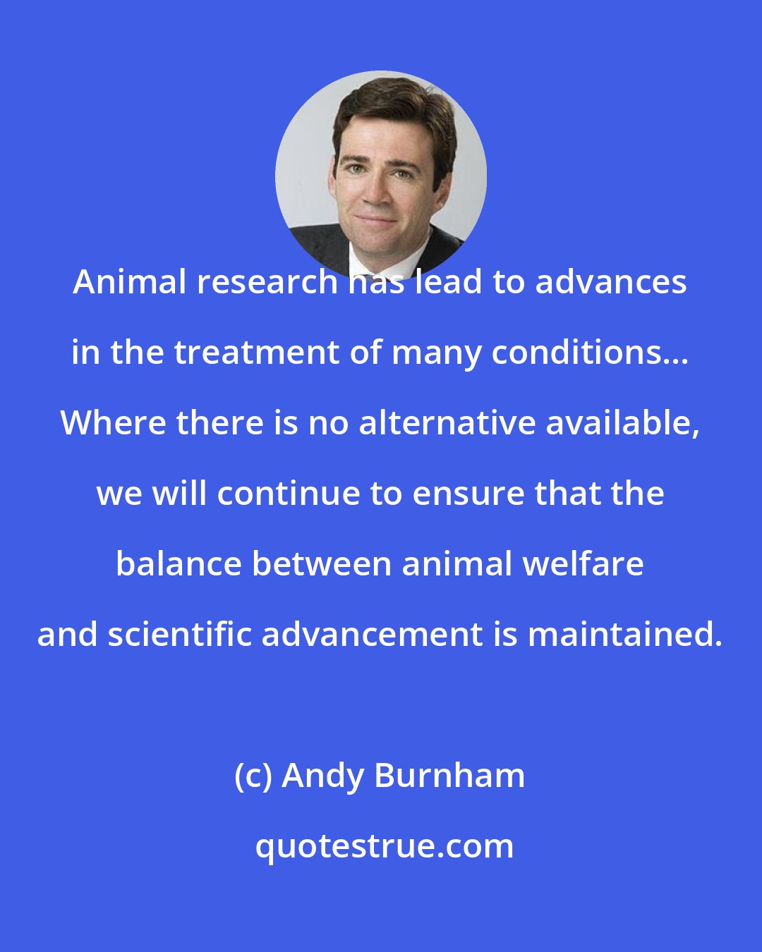 Andy Burnham: Animal research has lead to advances in the treatment of many conditions... Where there is no alternative available, we will continue to ensure that the balance between animal welfare and scientific advancement is maintained.