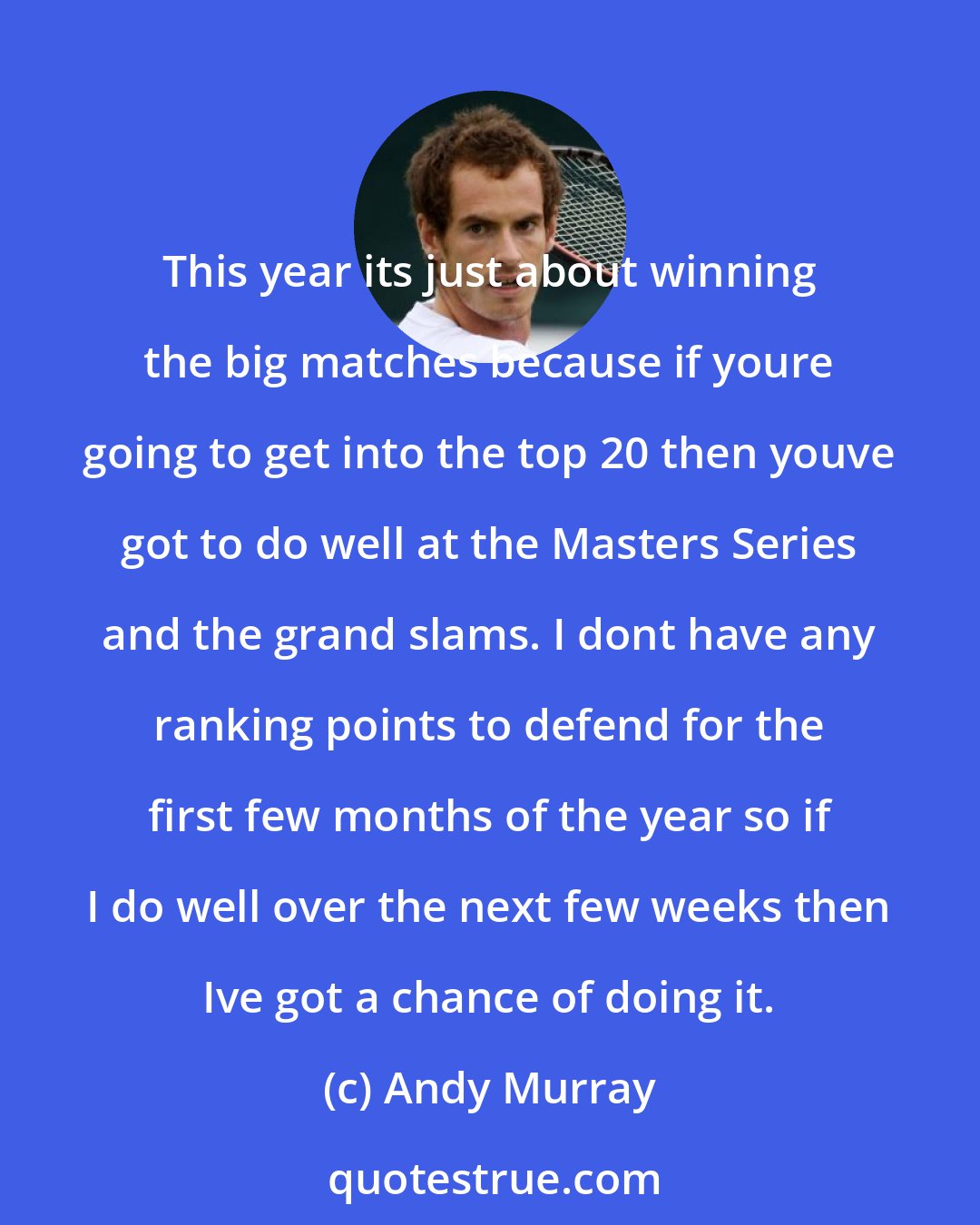 Andy Murray: This year its just about winning the big matches because if youre going to get into the top 20 then youve got to do well at the Masters Series and the grand slams. I dont have any ranking points to defend for the first few months of the year so if I do well over the next few weeks then Ive got a chance of doing it.