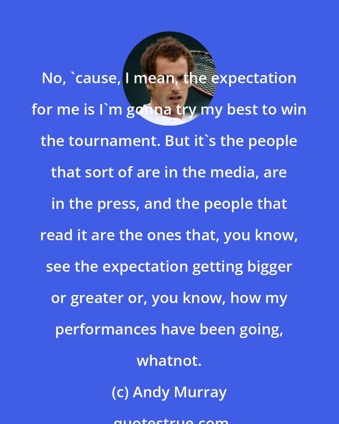 Andy Murray: No, 'cause, I mean, the expectation for me is I'm gonna try my best to win the tournament. But it's the people that sort of are in the media, are in the press, and the people that read it are the ones that, you know, see the expectation getting bigger or greater or, you know, how my performances have been going, whatnot.