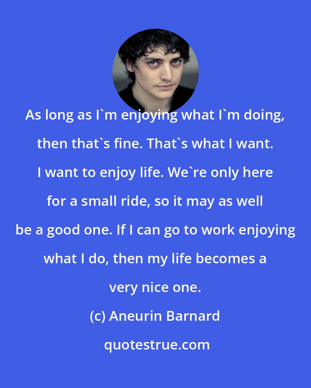 Aneurin Barnard: As long as I'm enjoying what I'm doing, then that's fine. That's what I want. I want to enjoy life. We're only here for a small ride, so it may as well be a good one. If I can go to work enjoying what I do, then my life becomes a very nice one.