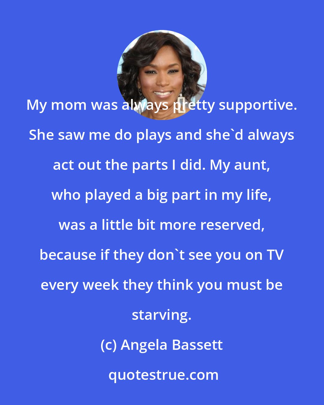 Angela Bassett: My mom was always pretty supportive. She saw me do plays and she'd always act out the parts I did. My aunt, who played a big part in my life, was a little bit more reserved, because if they don't see you on TV every week they think you must be starving.