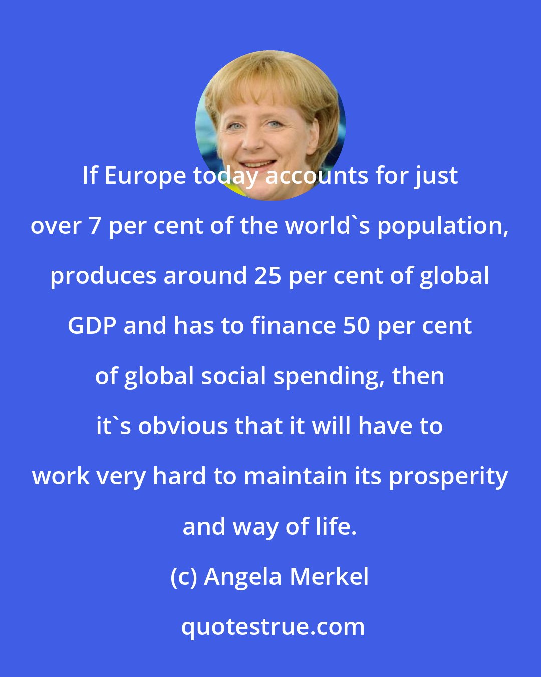 Angela Merkel: If Europe today accounts for just over 7 per cent of the world's population, produces around 25 per cent of global GDP and has to finance 50 per cent of global social spending, then it's obvious that it will have to work very hard to maintain its prosperity and way of life.