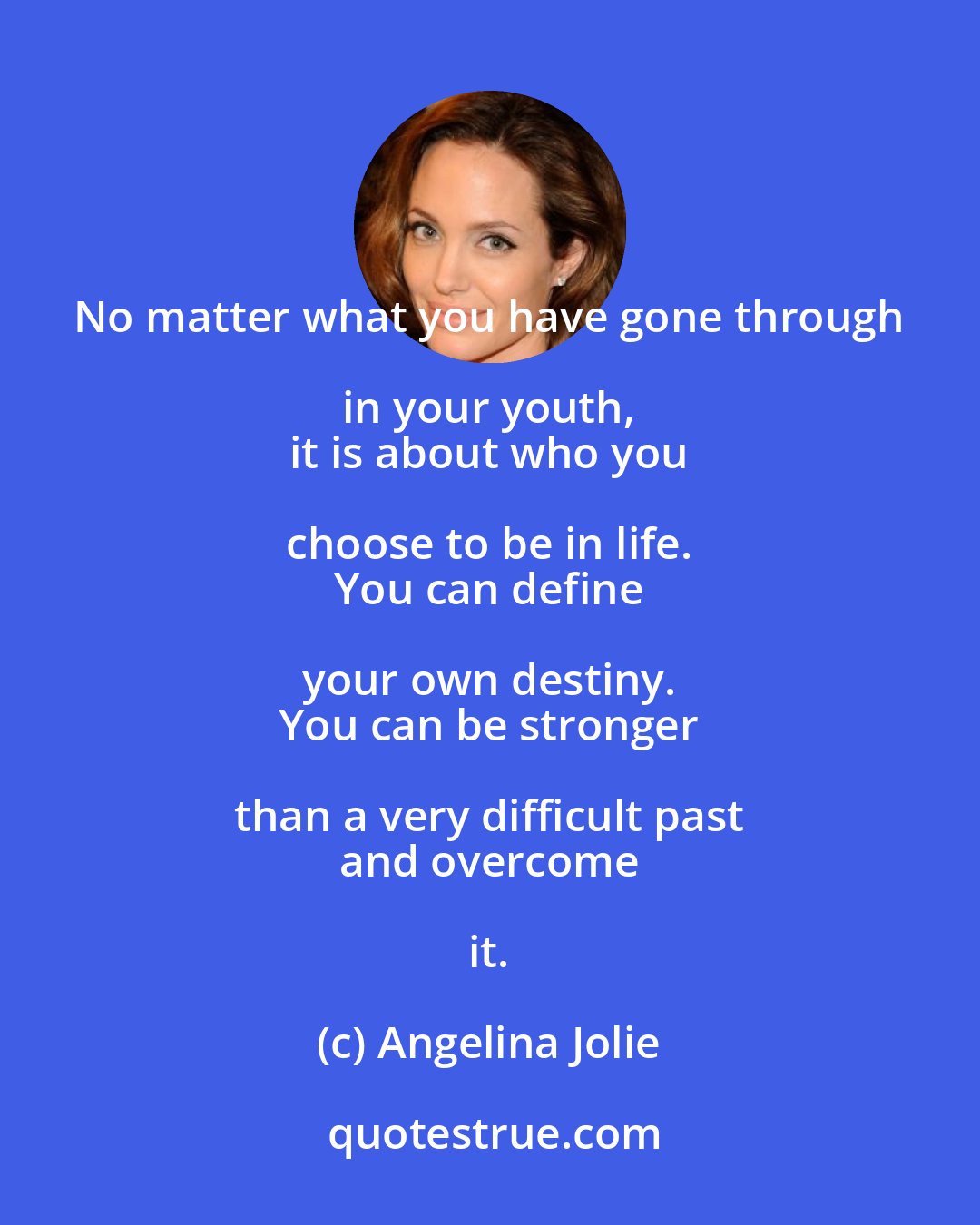 Angelina Jolie: No matter what you have gone through in your youth, 
 it is about who you choose to be in life. 
 You can define your own destiny. 
 You can be stronger than a very difficult past 
 and overcome it.