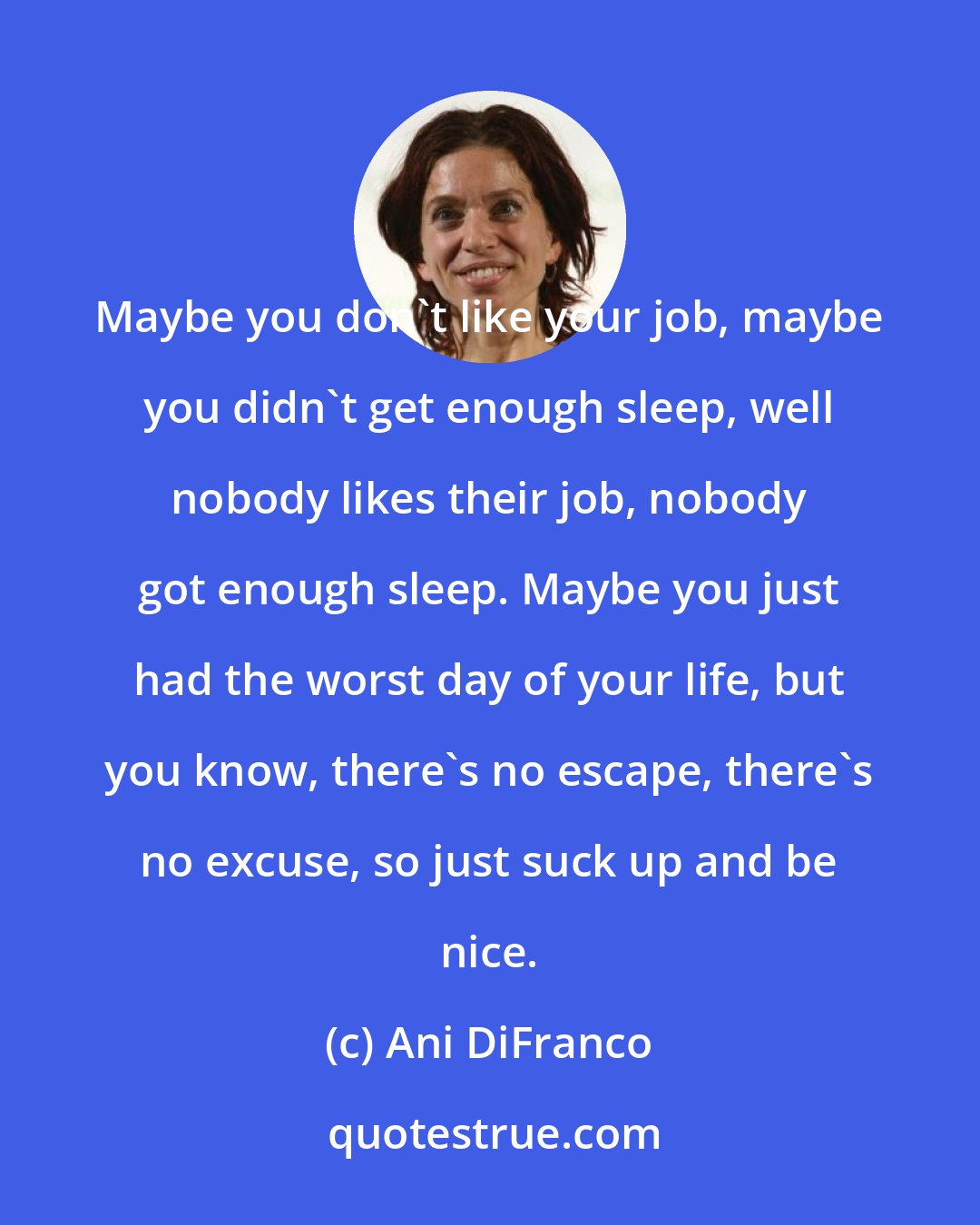 Ani DiFranco: Maybe you don't like your job, maybe you didn't get enough sleep, well nobody likes their job, nobody got enough sleep. Maybe you just had the worst day of your life, but you know, there's no escape, there's no excuse, so just suck up and be nice.