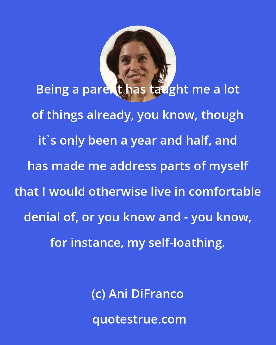 Ani DiFranco: Being a parent has taught me a lot of things already, you know, though it's only been a year and half, and has made me address parts of myself that I would otherwise live in comfortable denial of, or you know and - you know, for instance, my self-loathing.