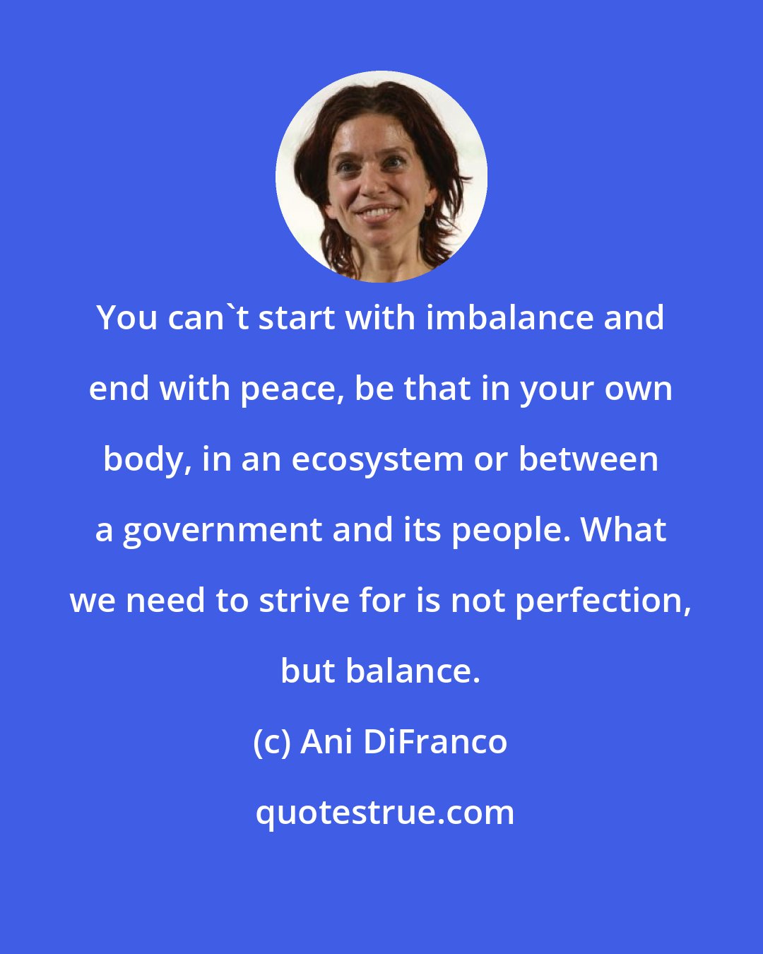 Ani DiFranco: You can't start with imbalance and end with peace, be that in your own body, in an ecosystem or between a government and its people. What we need to strive for is not perfection, but balance.