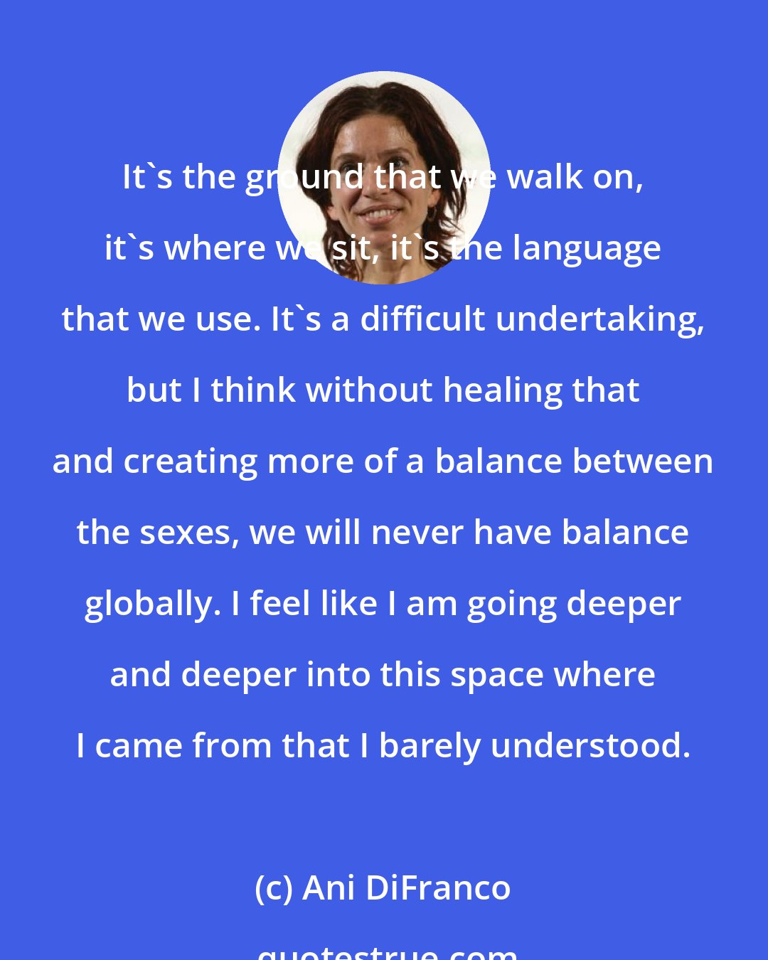 Ani DiFranco: It's the ground that we walk on, it's where we sit, it's the language that we use. It's a difficult undertaking, but I think without healing that and creating more of a balance between the sexes, we will never have balance globally. I feel like I am going deeper and deeper into this space where I came from that I barely understood.