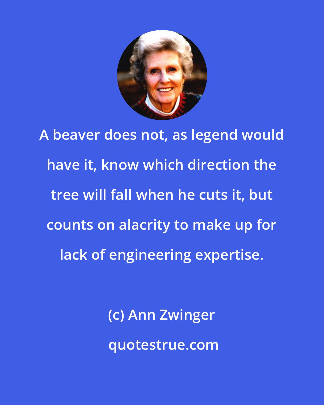 Ann Zwinger: A beaver does not, as legend would have it, know which direction the tree will fall when he cuts it, but counts on alacrity to make up for lack of engineering expertise.