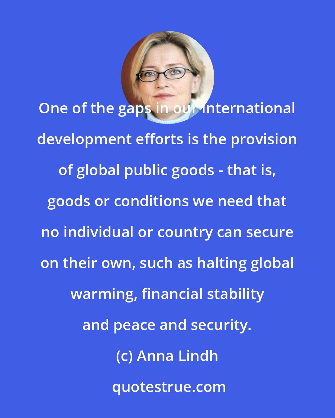 Anna Lindh: One of the gaps in our international development efforts is the provision of global public goods - that is, goods or conditions we need that no individual or country can secure on their own, such as halting global warming, financial stability and peace and security.