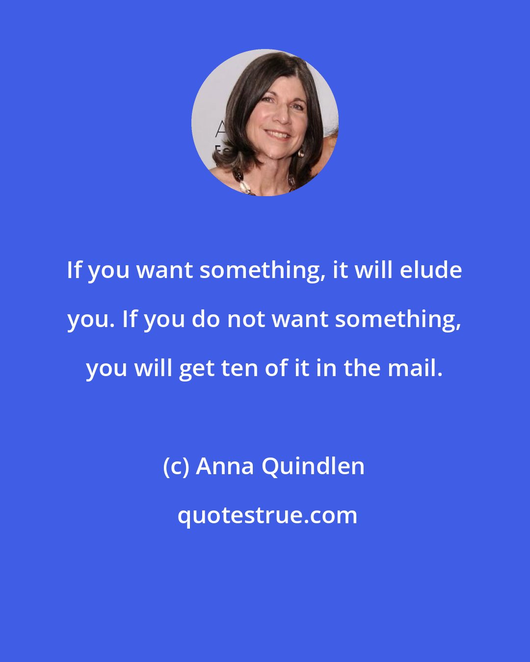 Anna Quindlen: If you want something, it will elude you. If you do not want something, you will get ten of it in the mail.